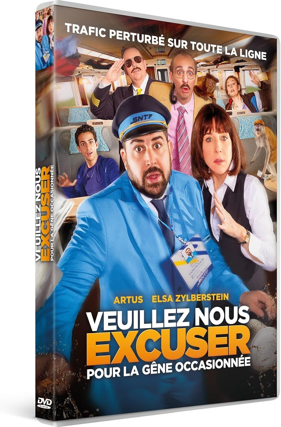 DVD-hoes: Een man in een blauw uniform met andere mensen. De titel is 'Veuillez nous excuser'.