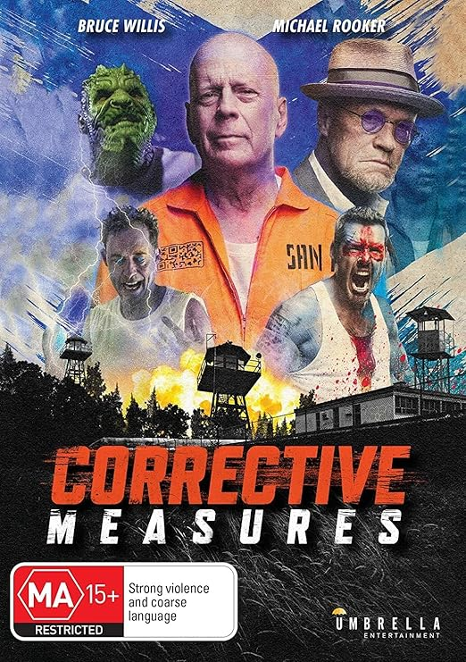Affiche de film avec Bruce Willis et d'autres acteurs. Le titre "CORRECTIVE MEASURES" est orange.