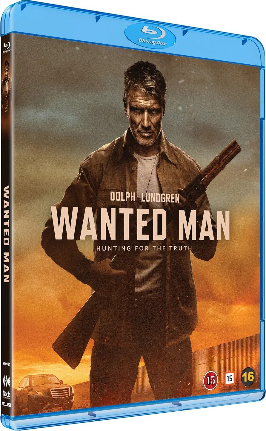 Couverture DVD de 'Wanted Man' avec Dolph Lundgren, tenant une arme, sur un boîtier bleu.