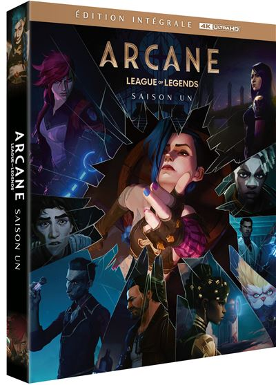 Blu-ray-hoes: Arcane League of Legends. Meerdere personages getoond. Donker, gebroken glaseffect.