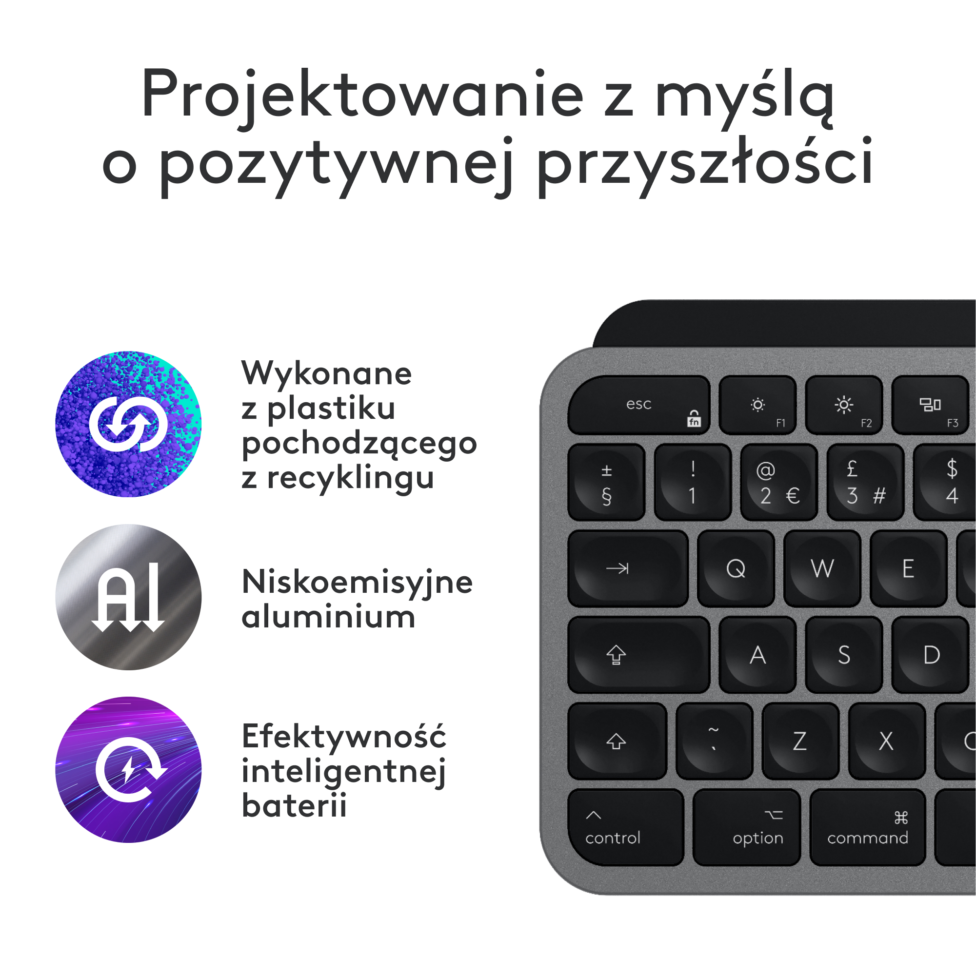 Klawiatura z symbolami recyklingu, niskoemisyjnego aluminium i inteligentnej baterii. Tekst po polsku.