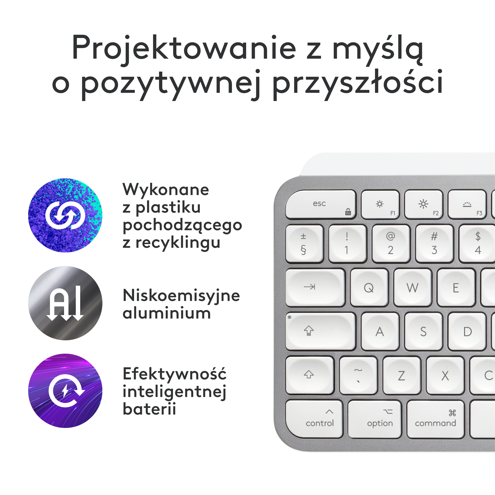 Biała klawiatura z szarymi klawiszami. Tekst po polsku o recyklingu, aluminium i wydajności baterii.