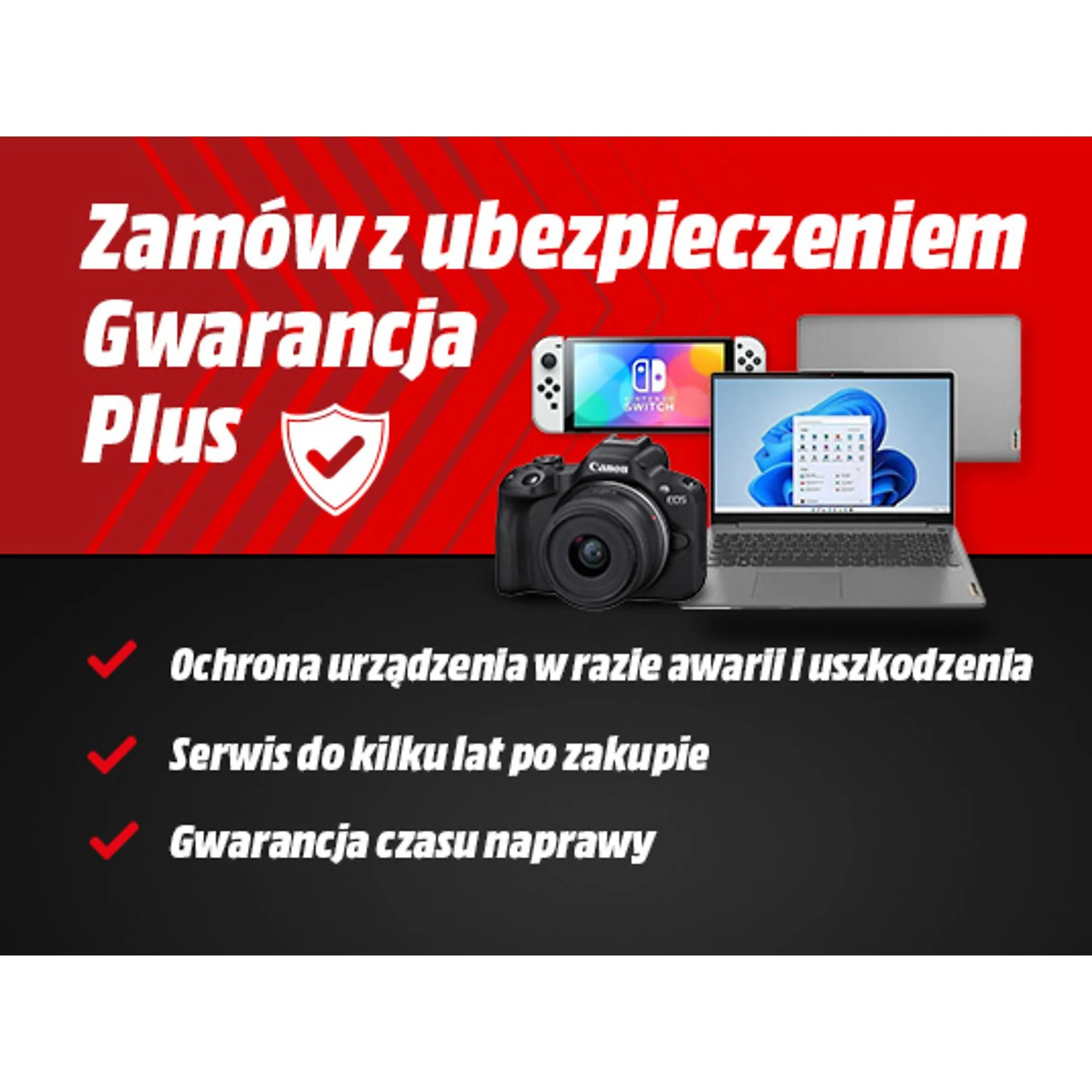 Obraz promocyjny: Laptop, aparat, konsola Switch i tekst.