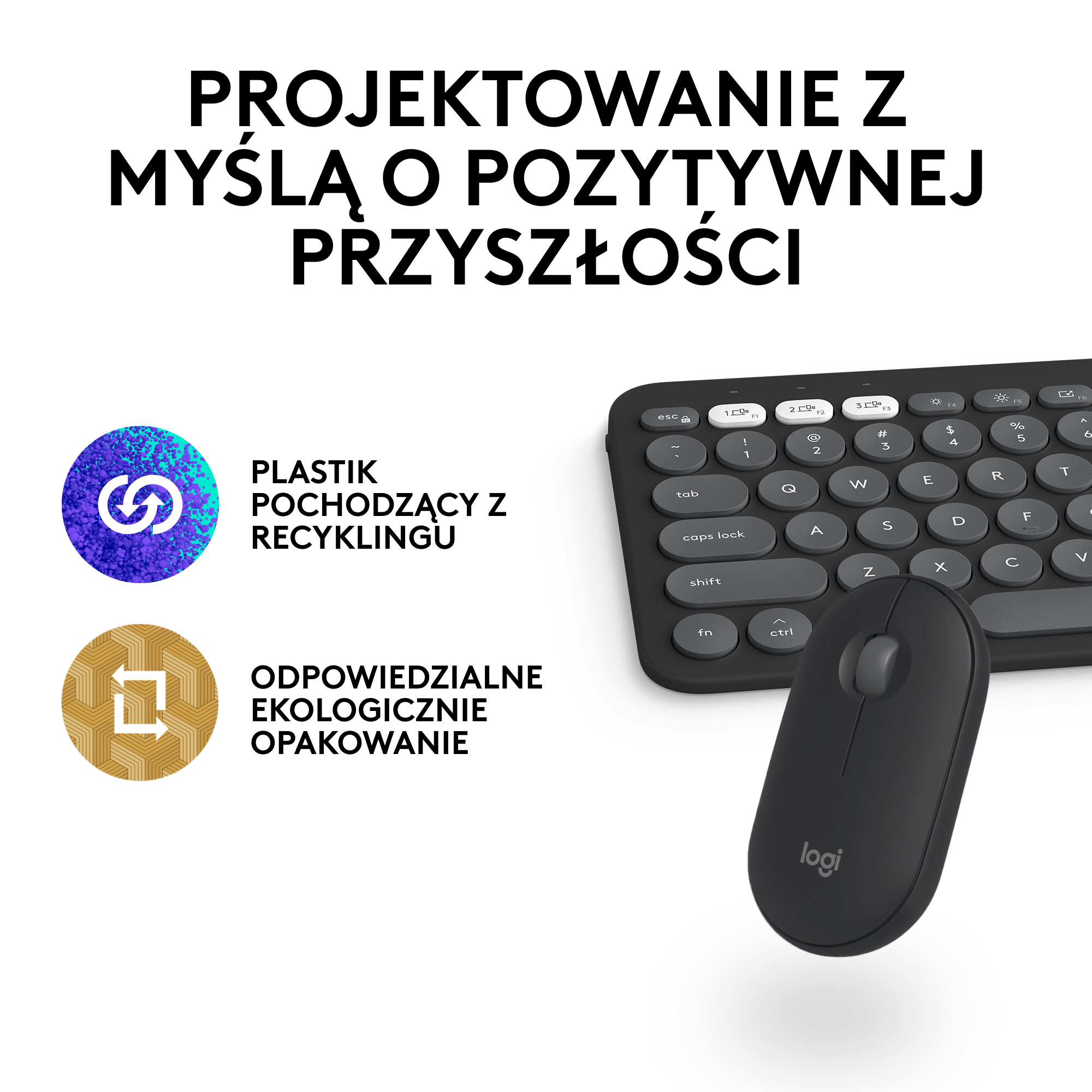 Zestaw klawiatura i mysz Logitech na białej powierzchni, z ikonami recyklingu i ekologicznymi.