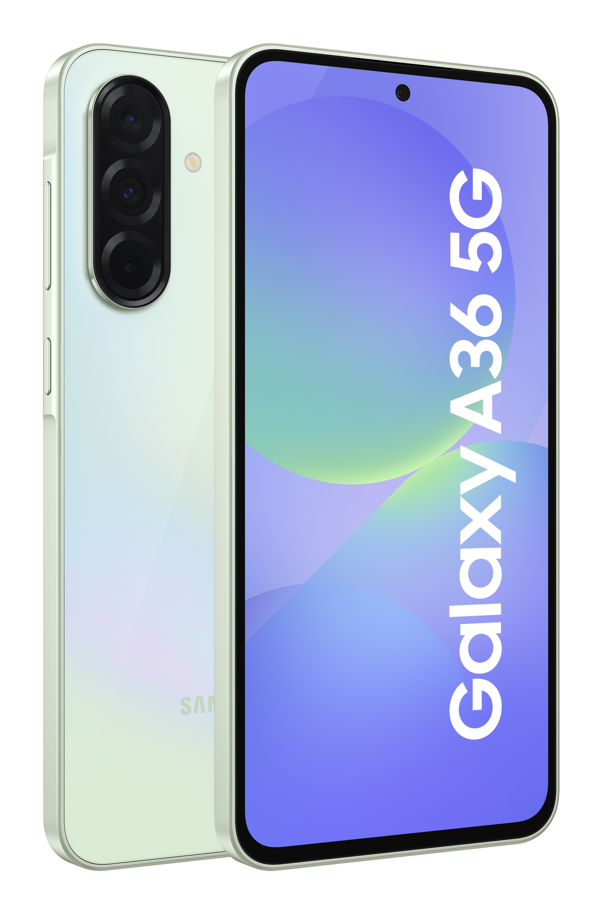 Smartfon z układem kamery. Tył jest jasnozielony. Ekran wyświetla nazwę Galaxy A36 5G.