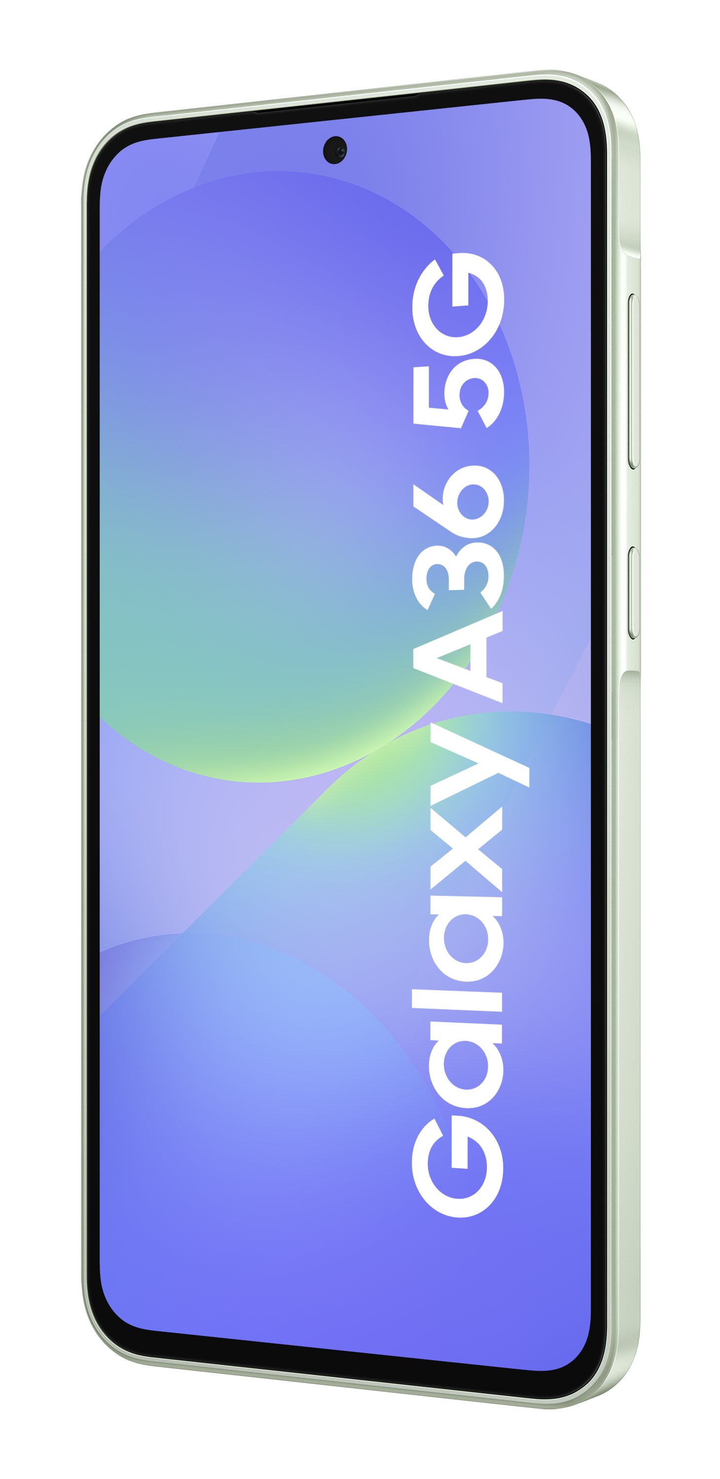 Miętowy zielony telefon Samsung Galaxy A36 5G. Ekran wyświetla kolorowe tło.