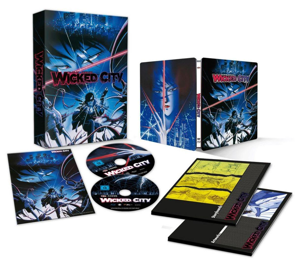 Eine Sammlung von 'Wicked City' Anime-Materialien: Box, Discs, Art Cards und Storyboard.