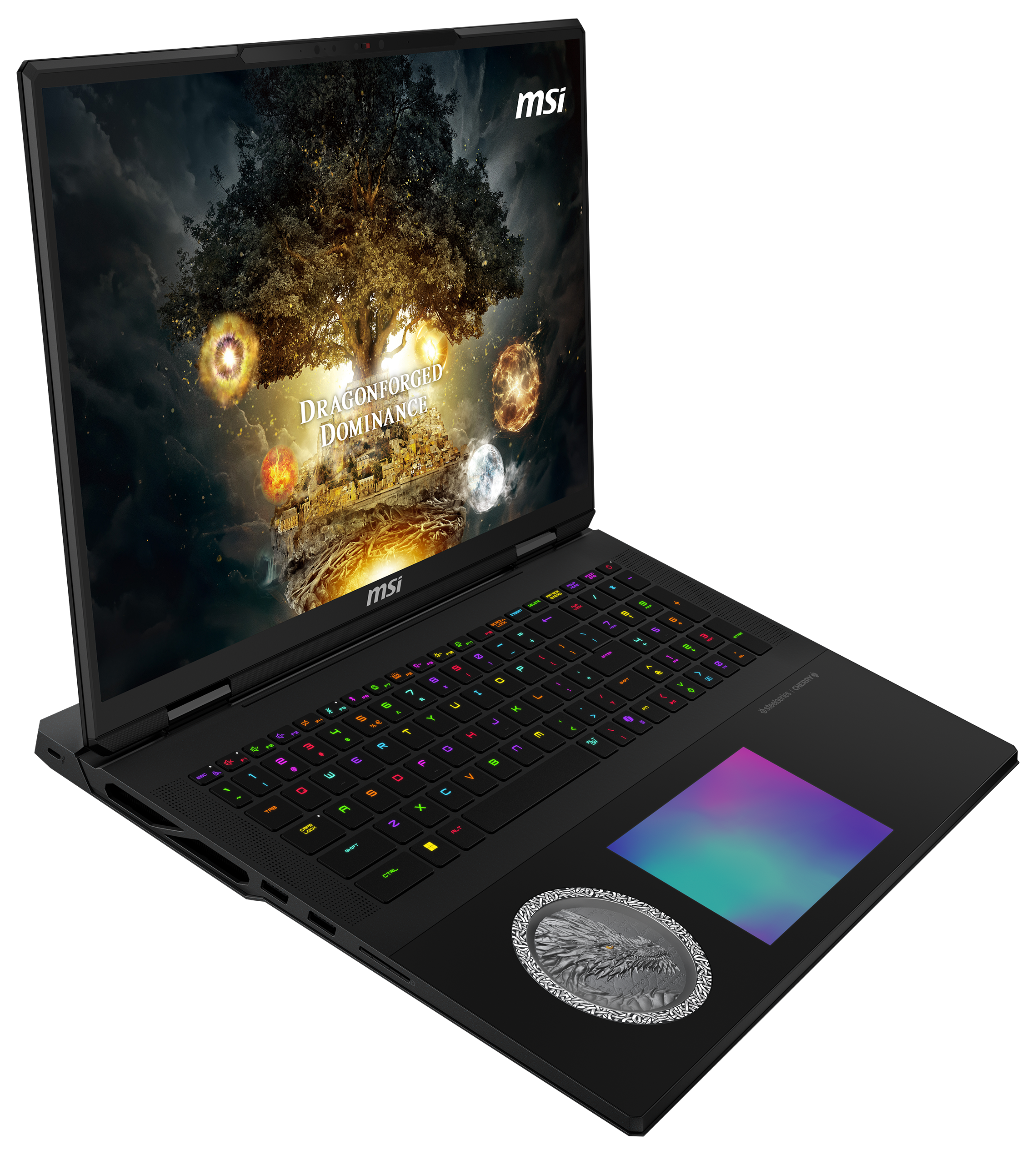 Ein schwarzer MSI Gaming-Laptop mit bunter Tastatur und einem Bildschirm mit Fantasy-Szene.