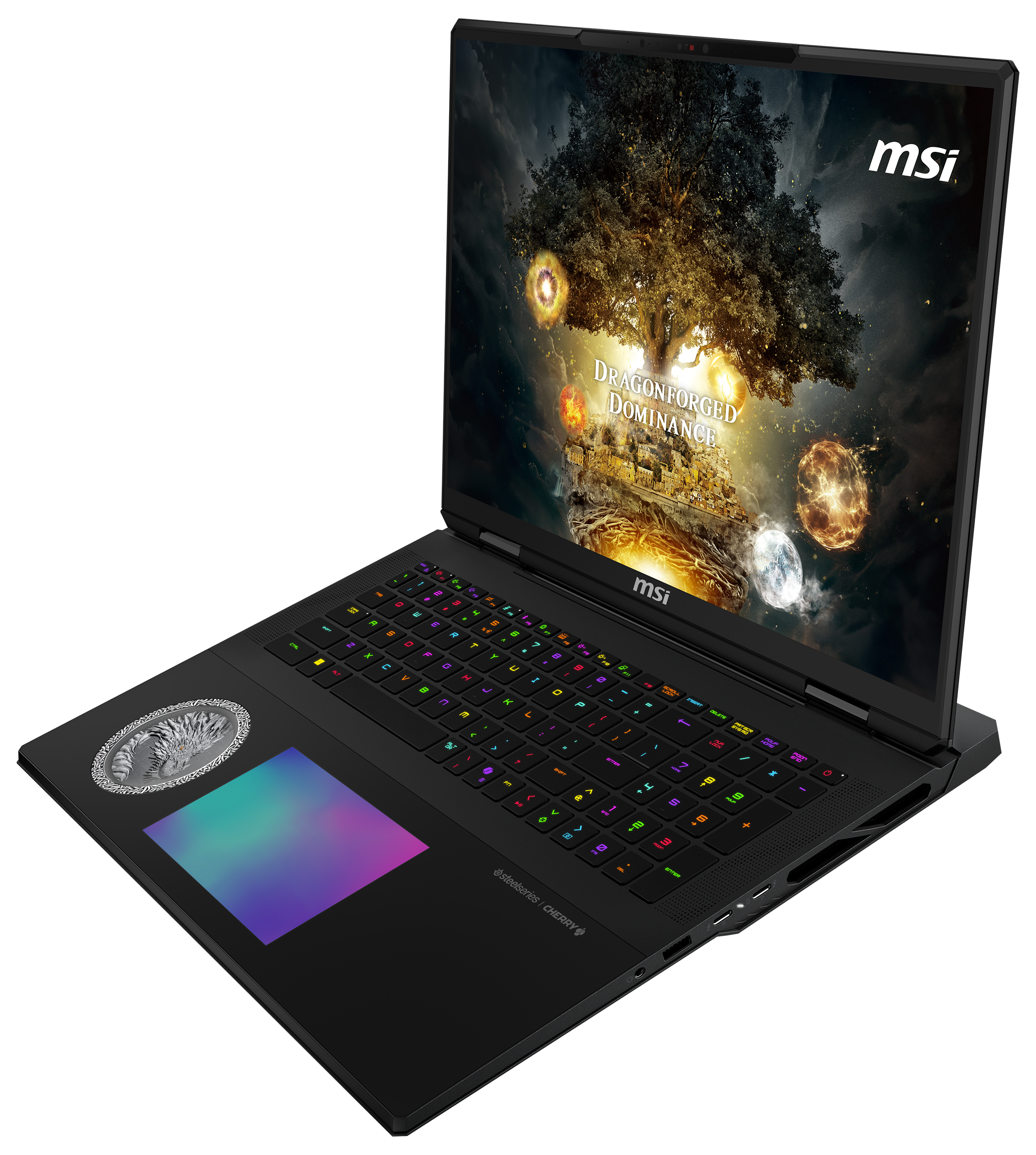 Schwarzer Gaming-Laptop mit bunter Tastaturbeleuchtung, Bildschirm zeigt Fantasieszene.