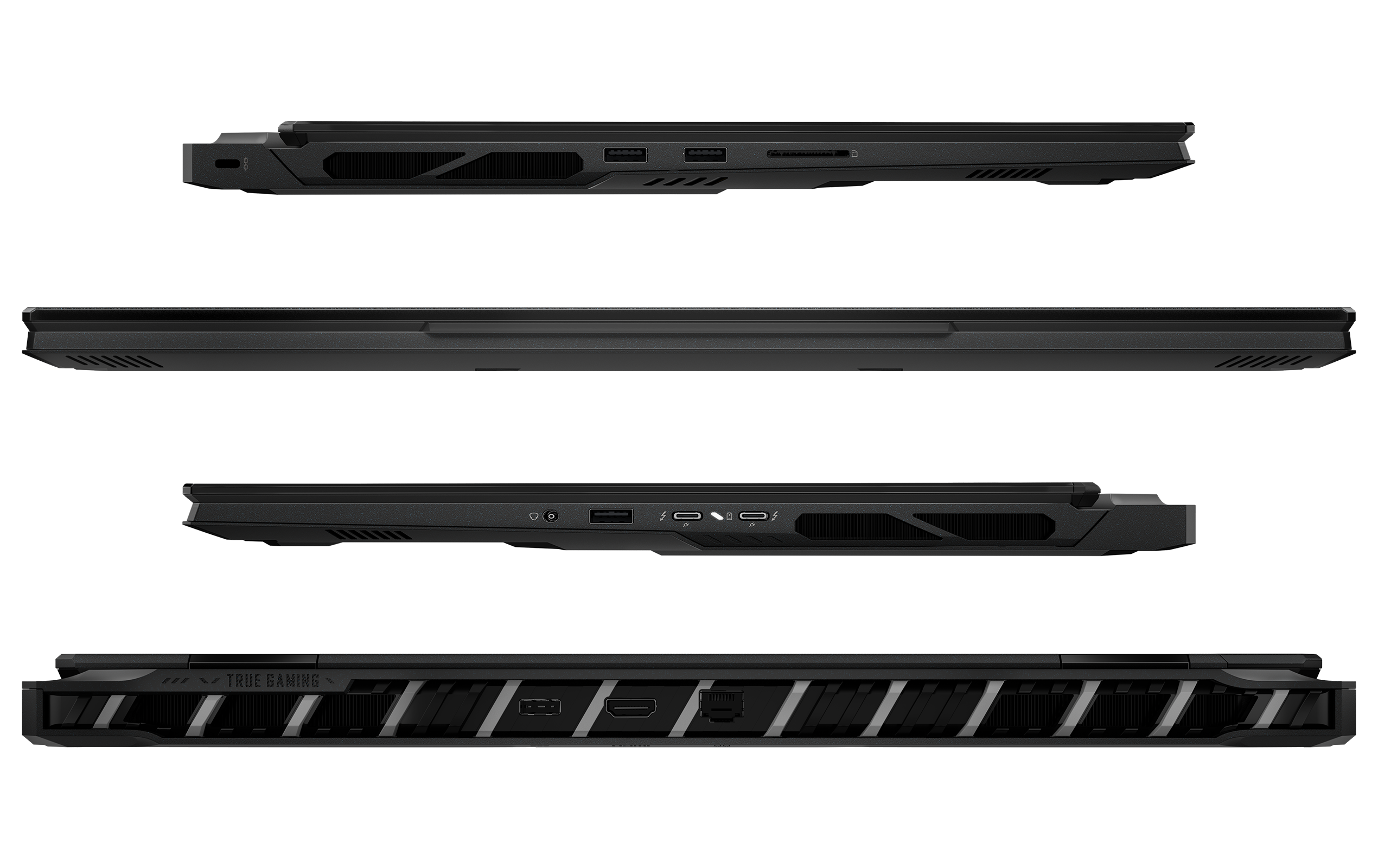 Mehrere Ansichten eines schwarzen Laptops, die Anschlüsse und Lüfter zeigen.