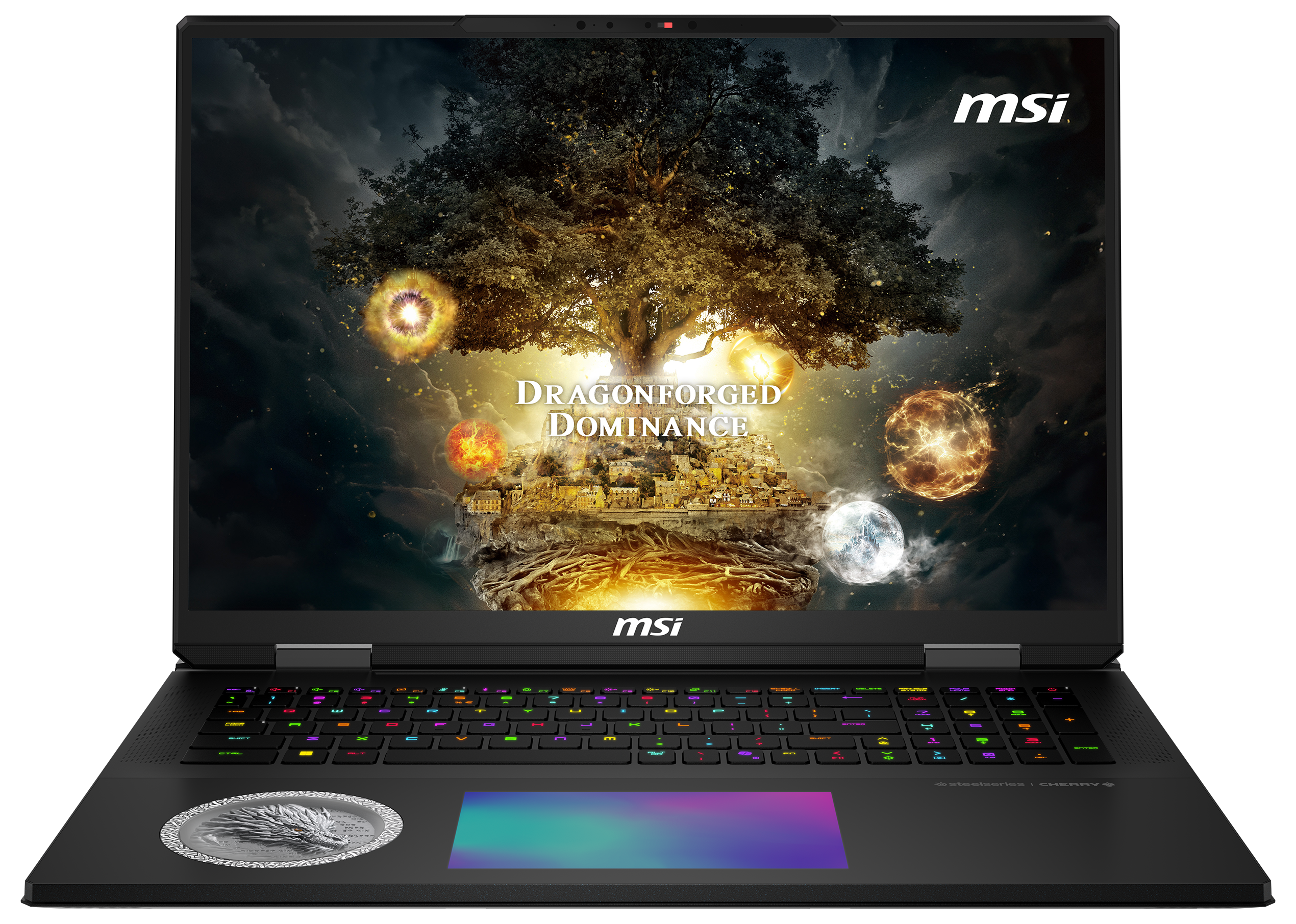 MSI Gaming-Laptop mit Drachenthema, zeigt eine Fantasy-Szene auf dem Bildschirm.