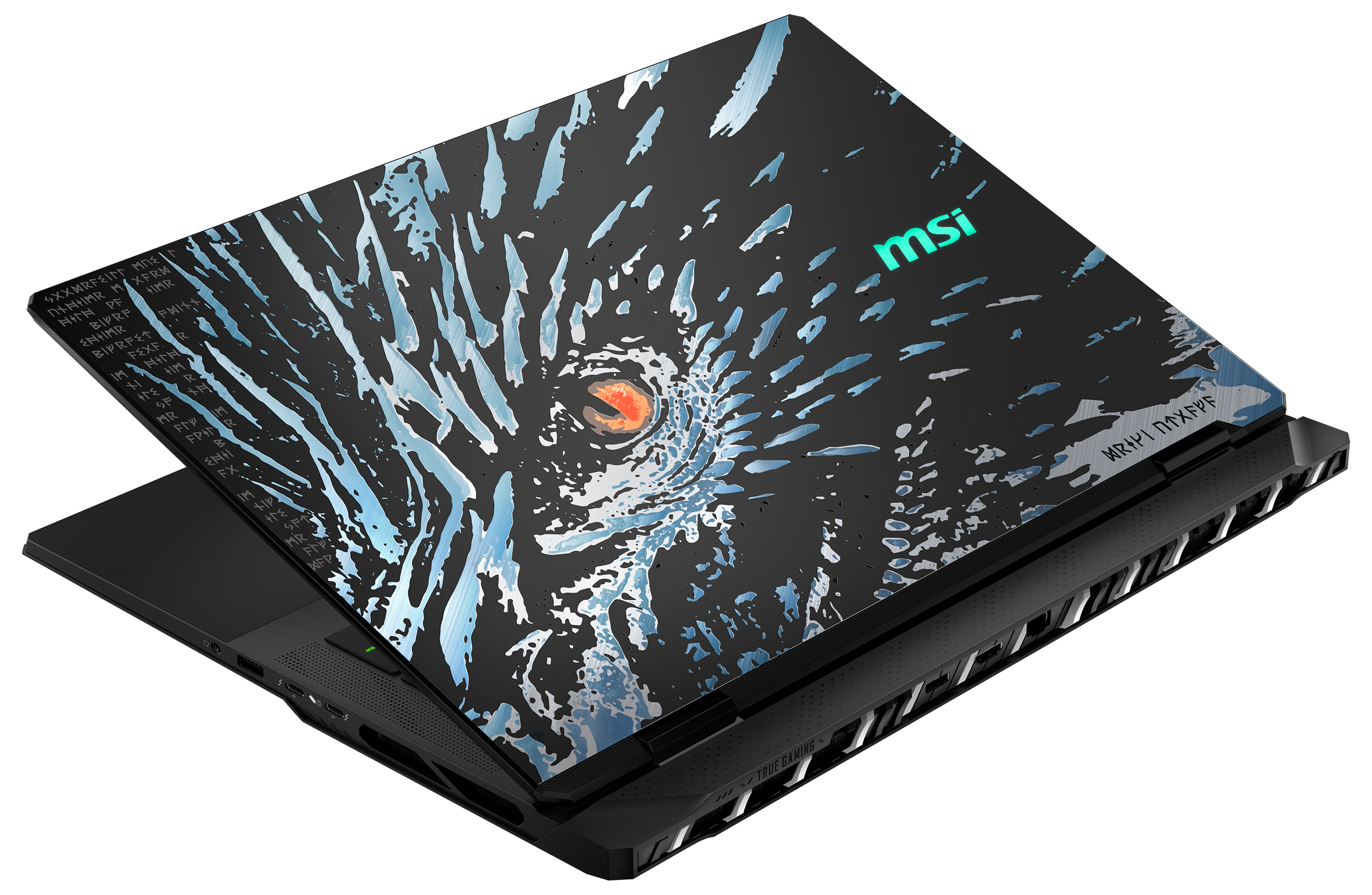 Ein schwarzer Laptop mit künstlerischem Design auf der Rückseite, geöffnet.