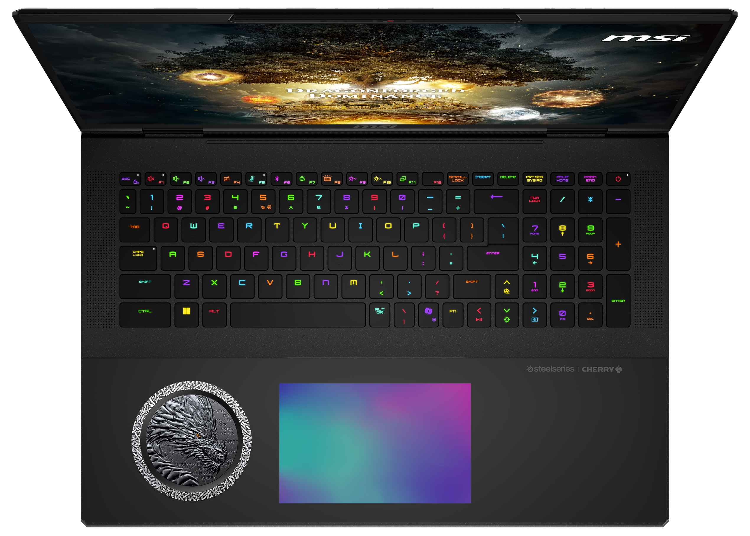 MSI-Laptop, Draufsicht. Schwarze Tastatur mit bunten Tasten, Drachenlogo auf dem Touchpad.
