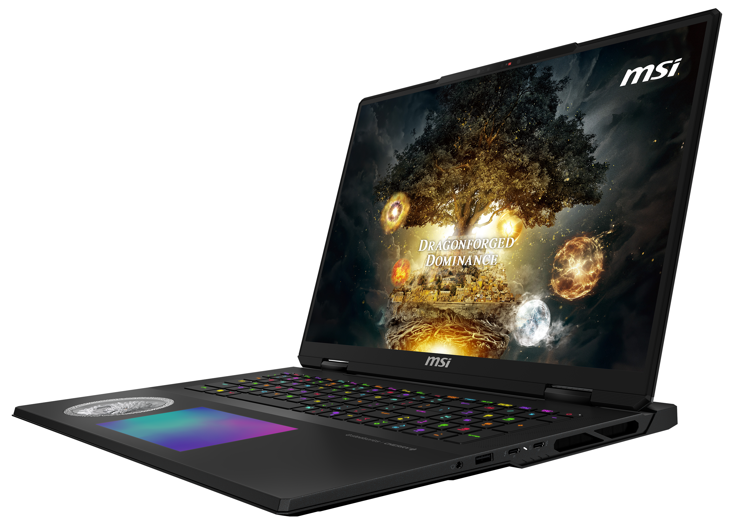 Schwarzer Laptop, geöffnet, zeigt eine Fantasy-Spielszene. Das MSI-Logo ist sichtbar.