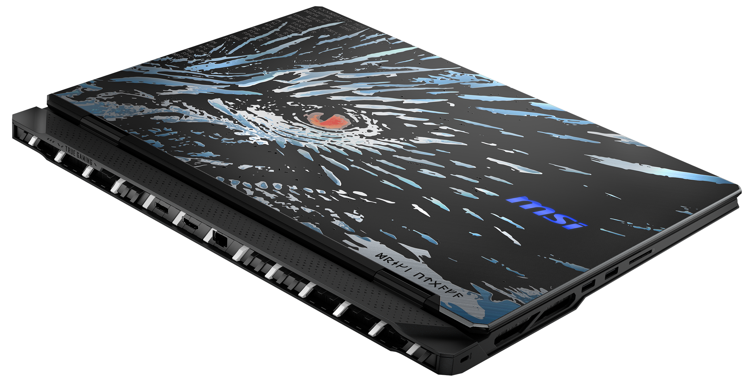 Laptop mit Drachen-Artwork auf der Rückseite, in Schwarz. Seitenansicht.