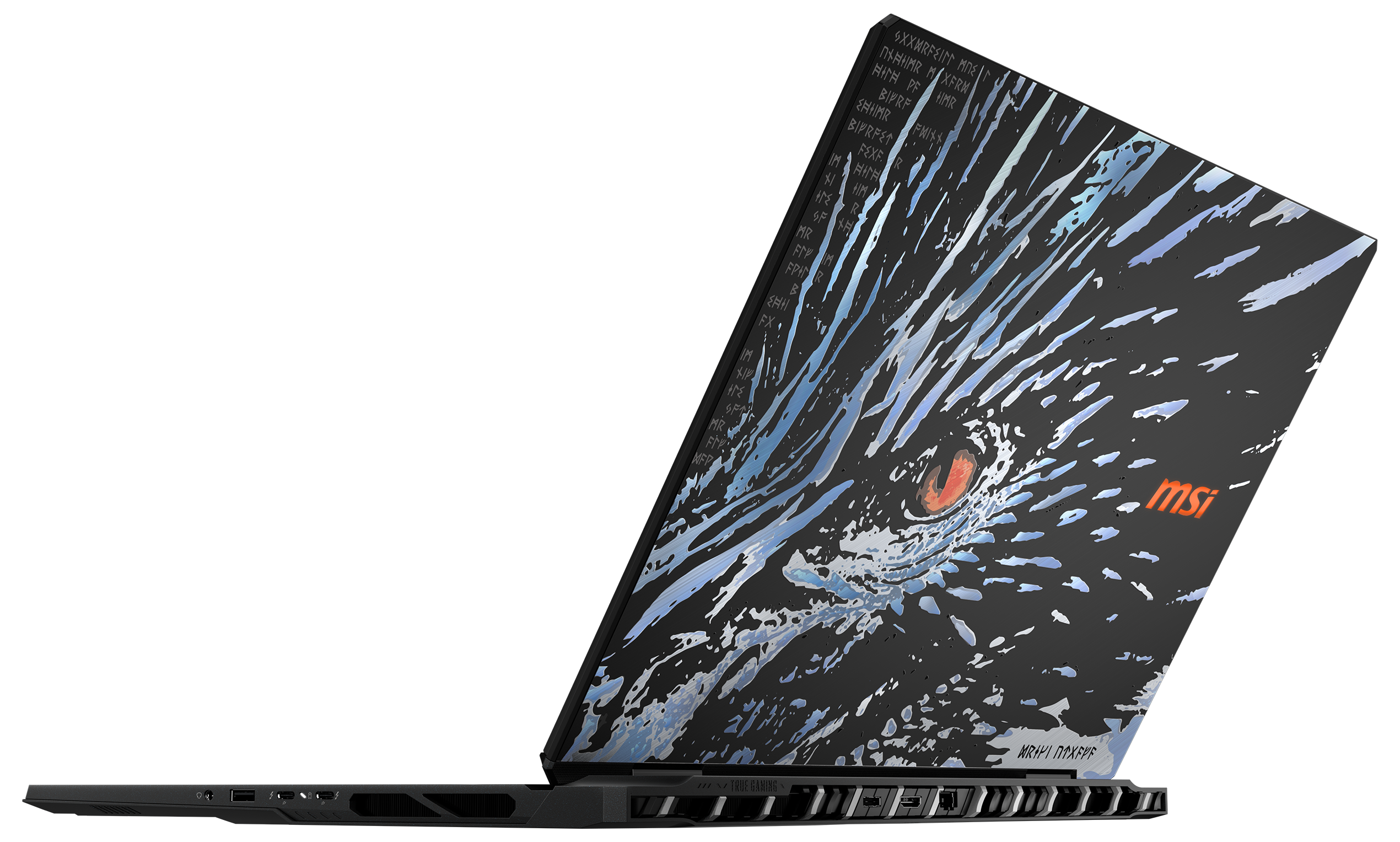 Die Rückseite eines schwarzen MSI Laptops mit Drachenaugen-Design und MSI-Logo in dunkler Umgebung.