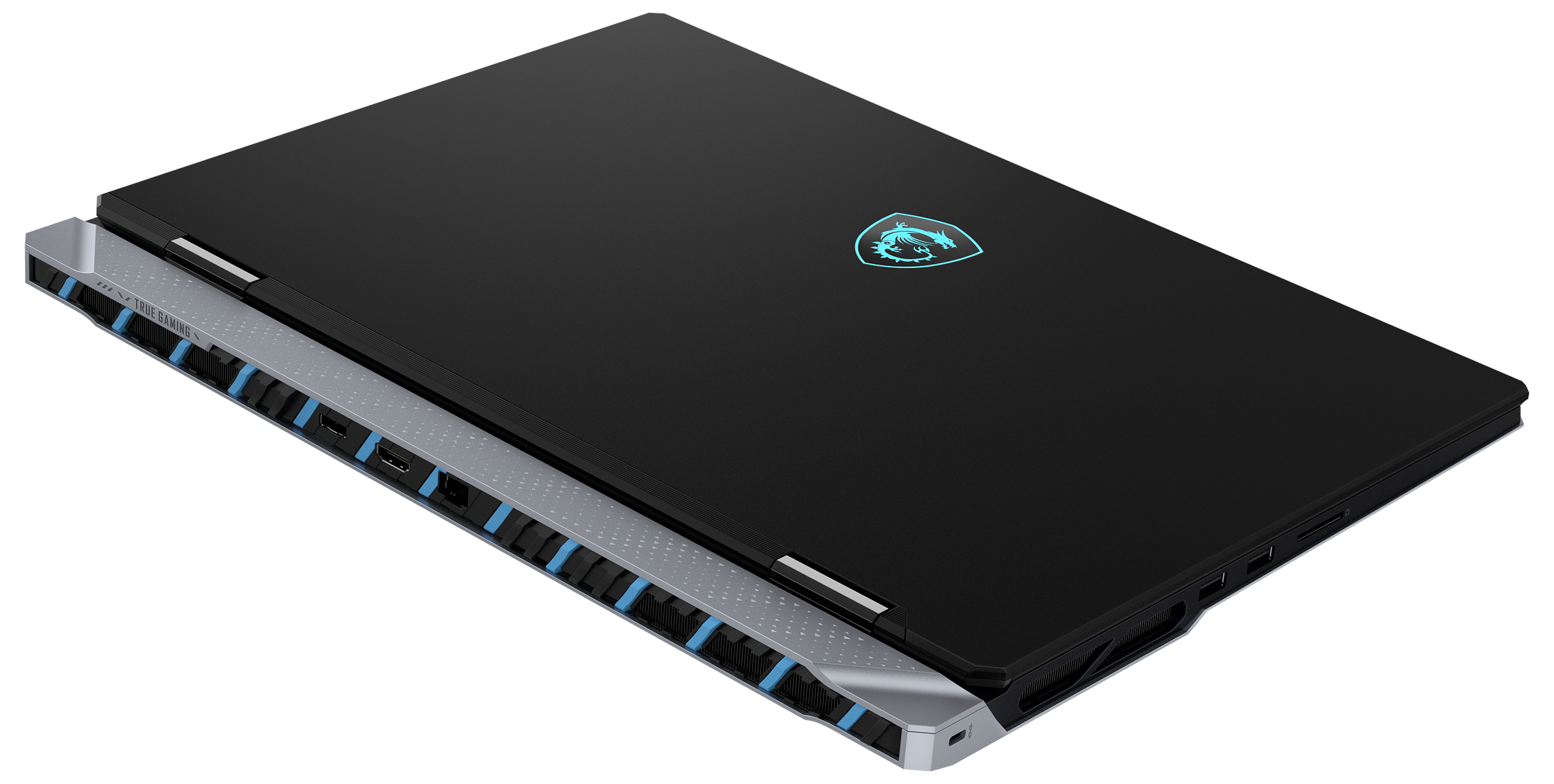 Ein geschlossener schwarzer Laptop mit blauem Licht auf dem Logo und den Lüftungsschlitzen.