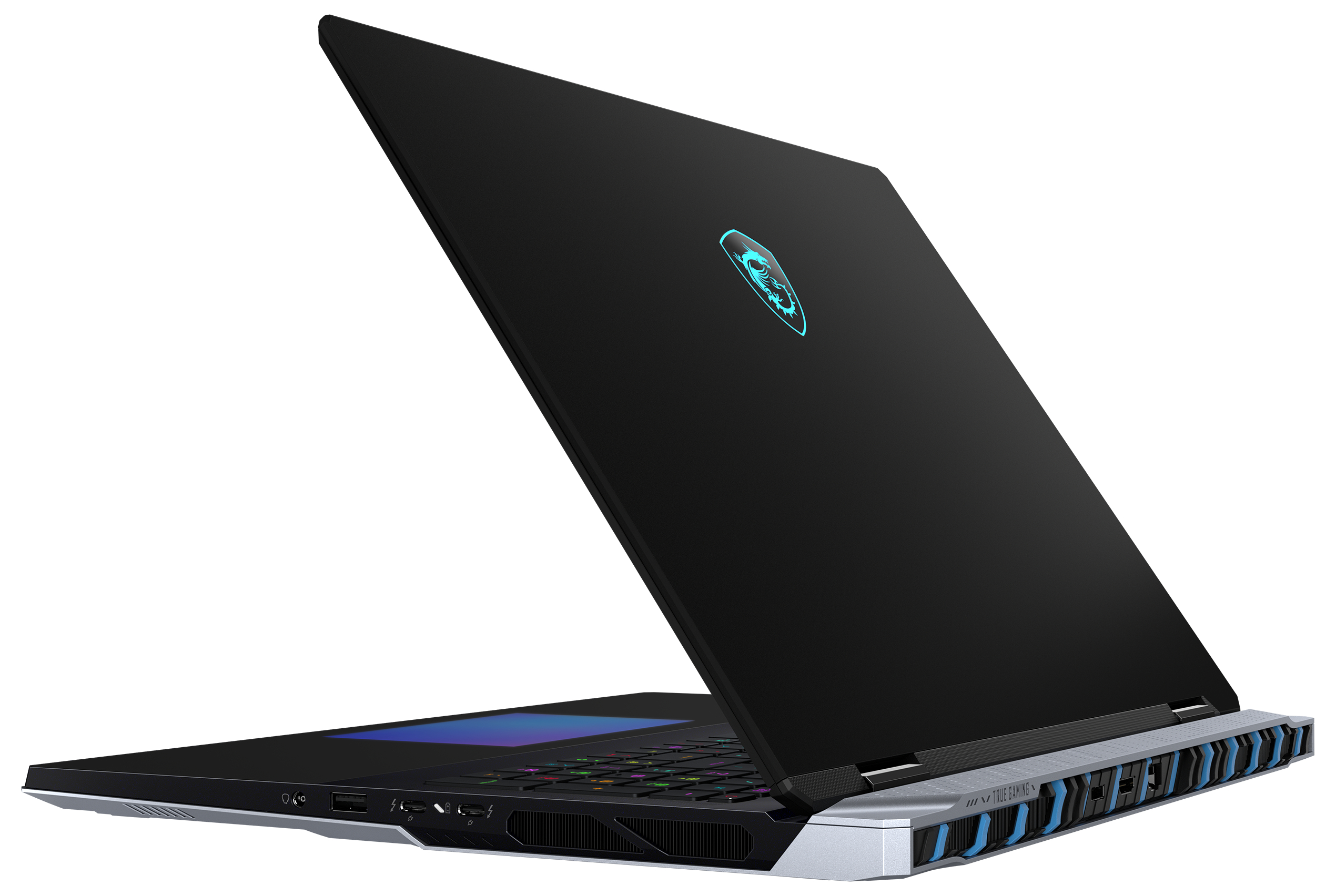 Ein schwarzer Laptop, geöffnet, mit einem Logo. Die Rückseite ist geöffnet und zeigt eine Tastatur und Anschlüsse.