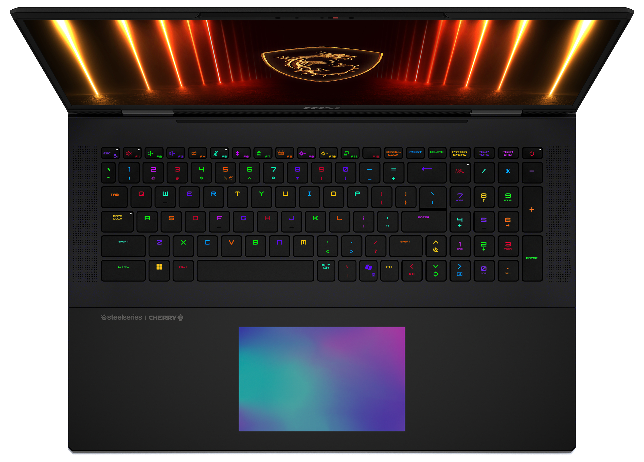 Draufsicht auf einen MSI Laptop mit bunter Tastatur und Touchpad.