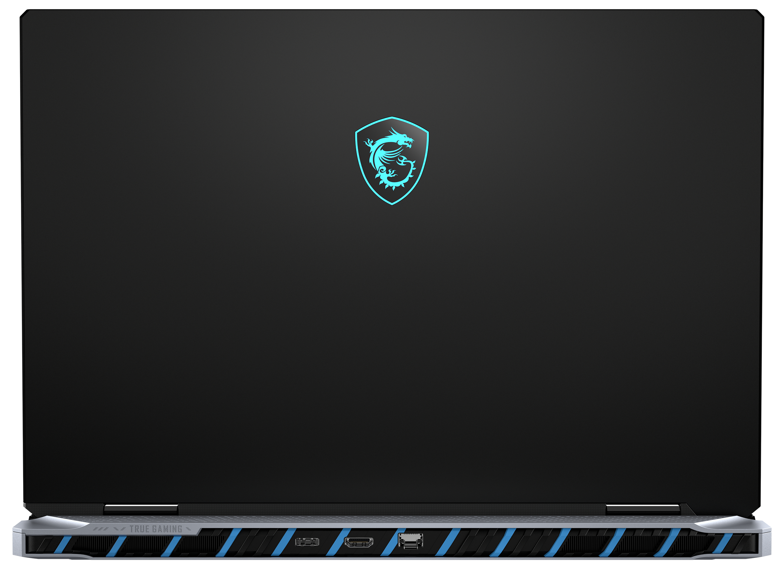 Schwarzer Laptop mit blauem Drachenlogo, offener Deckel.