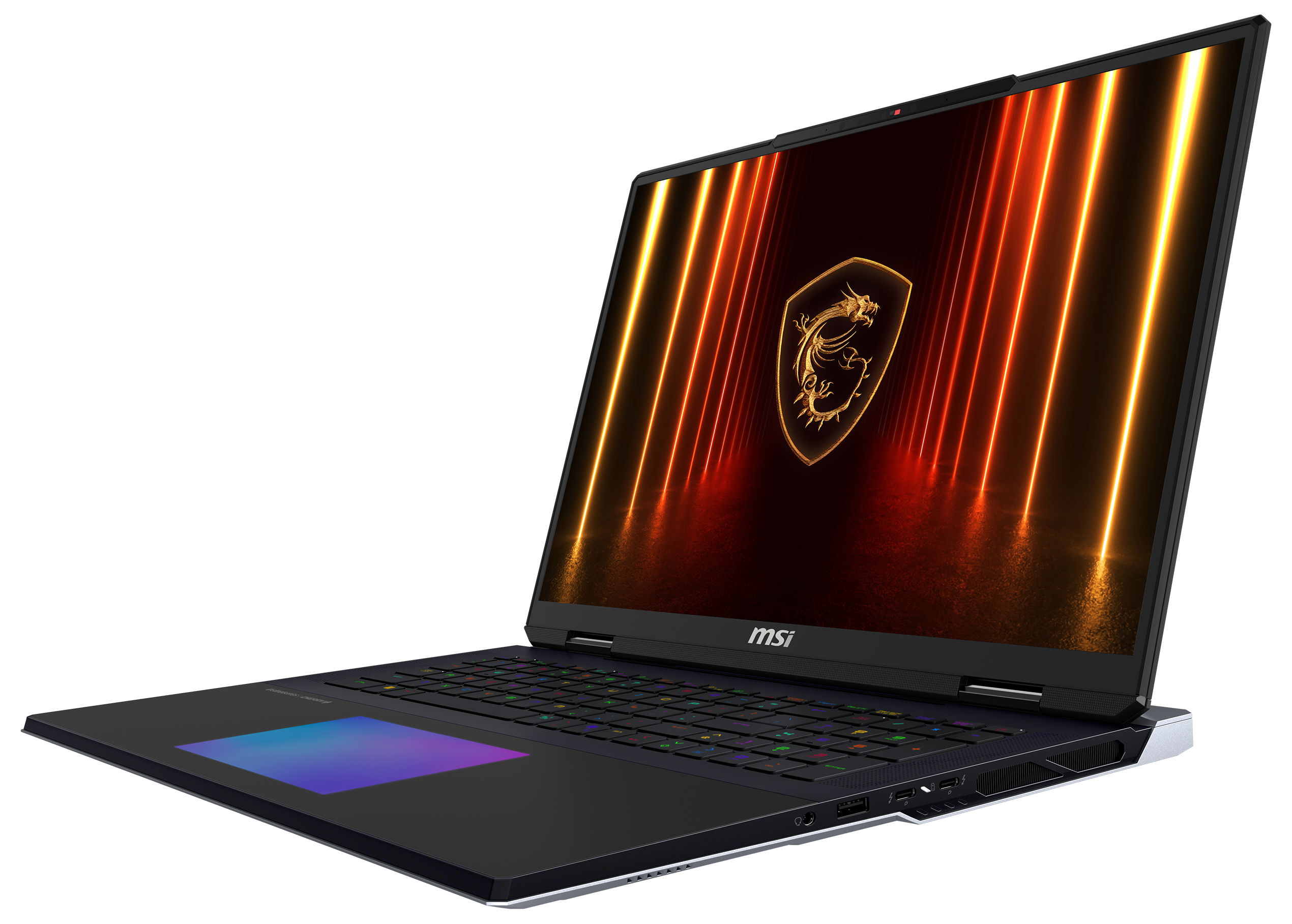 Ein geöffnetes Laptop mit farbenfrohem Display. Das Display zeigt ein Logo. Der Laptop hat ein schwarzes Gehäuse.