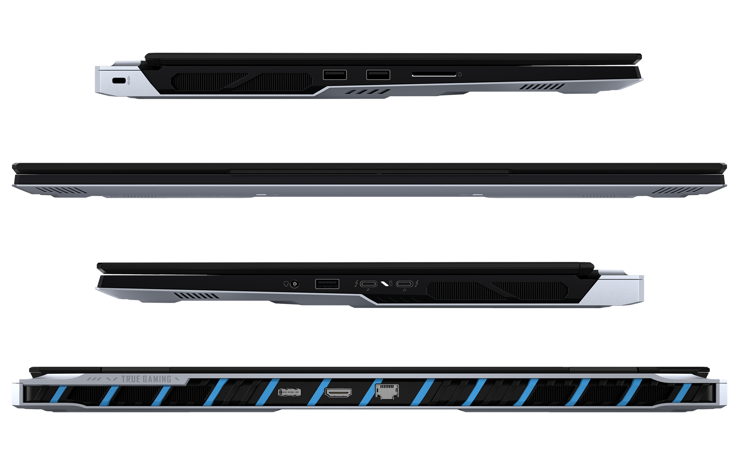 Mehrere Ansichten eines schwarzen und silbernen Laptops, die seine verschiedenen Winkel und Anschlüsse zeigen.