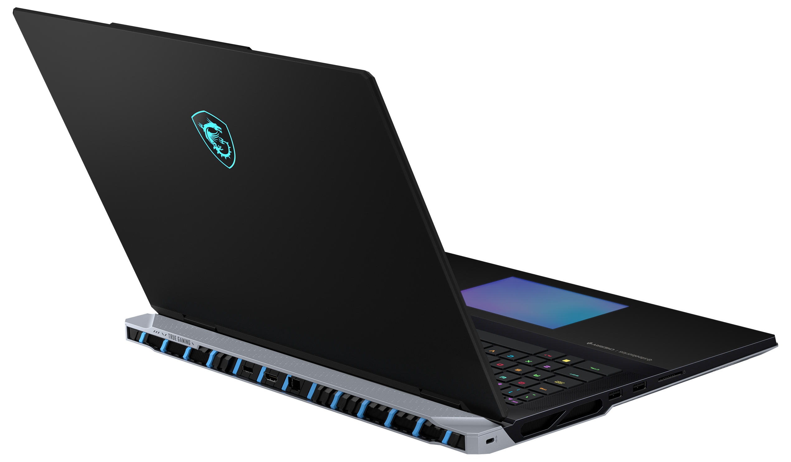 Schwarzer Laptop, schräge Ansicht. Rückseite des Laptops. Weißer Hintergrund.