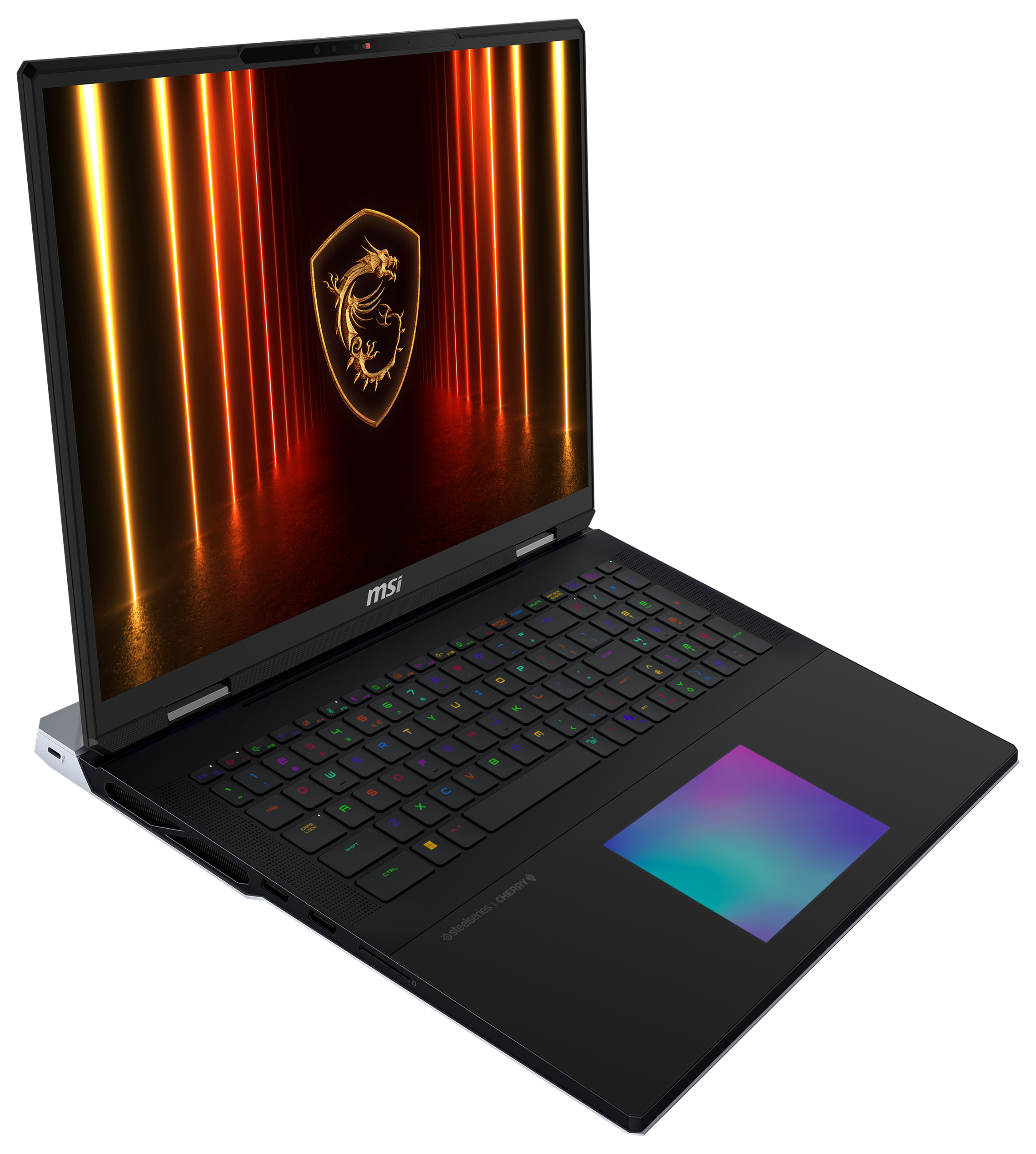 Schwarzer Laptop mit leuchtendem Bildschirm und Tastatur, MSI-Logo, schräg auf weißer Oberfläche.