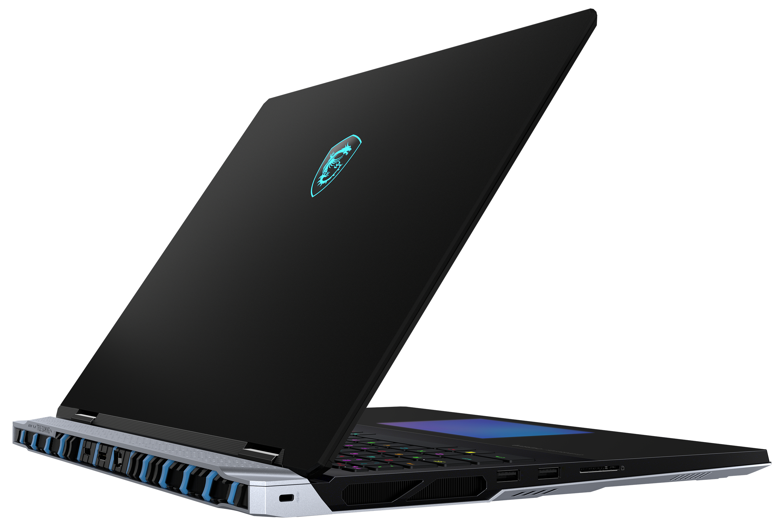 Schwarzer Laptop, offen, Tastatur und Bildschirm zeigend.
