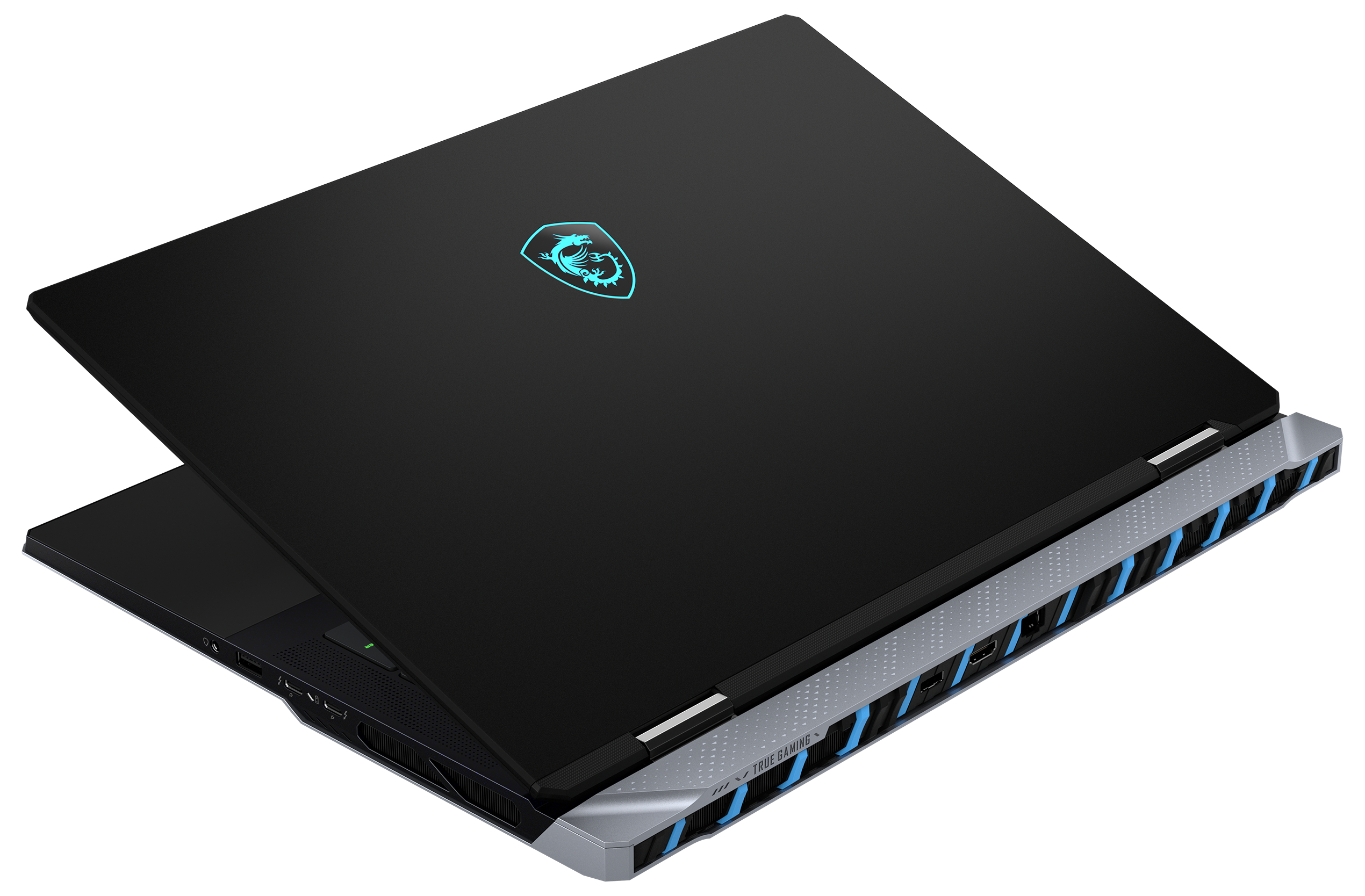 Ein schwarzer Laptop, leicht geöffnet, mit Logo auf dem Deckel und Anschlüssen an der Seite.