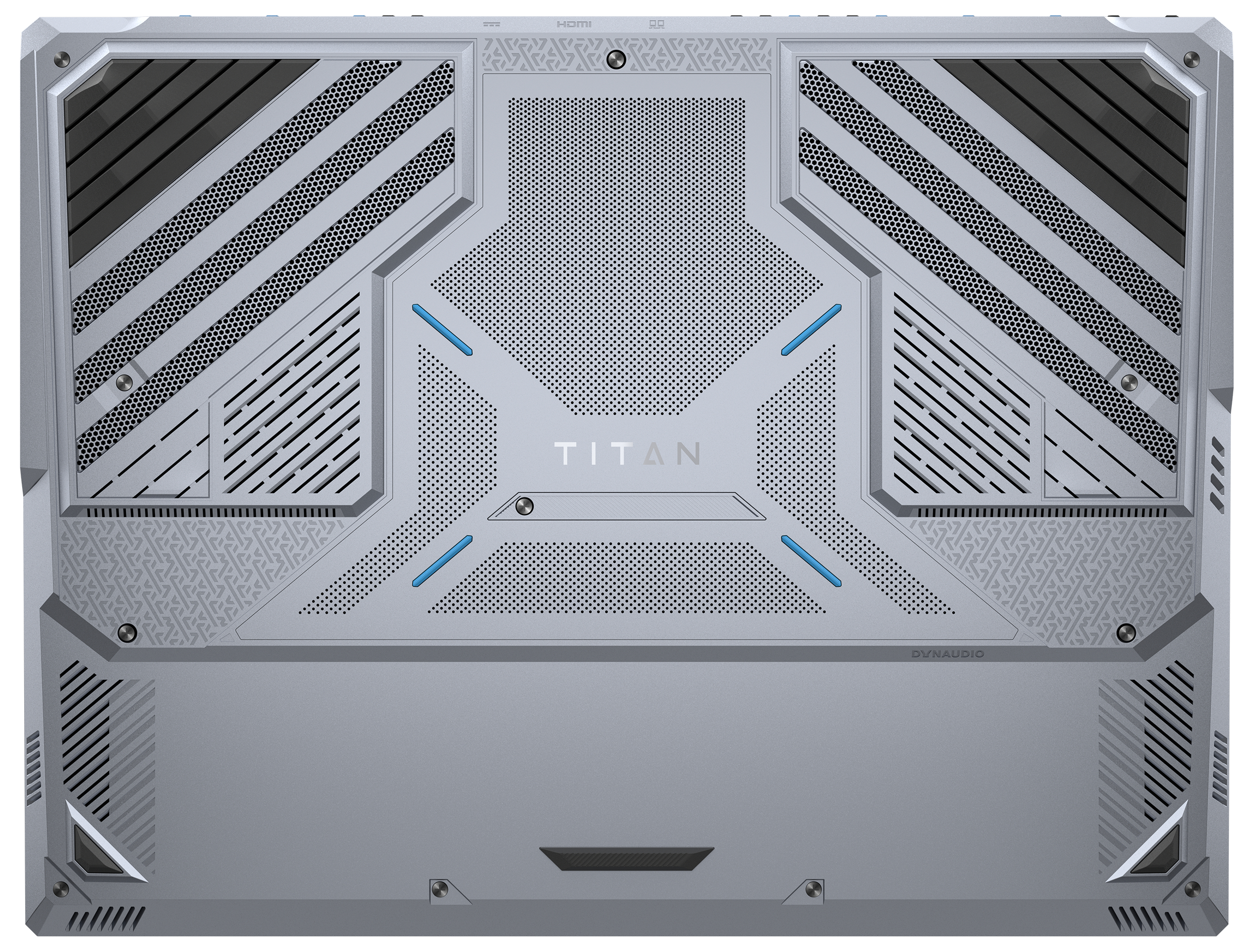Rückseite des Laptops mit Lüftungsschlitzen, Logo und Anschlüssen in Metallic-Grau.