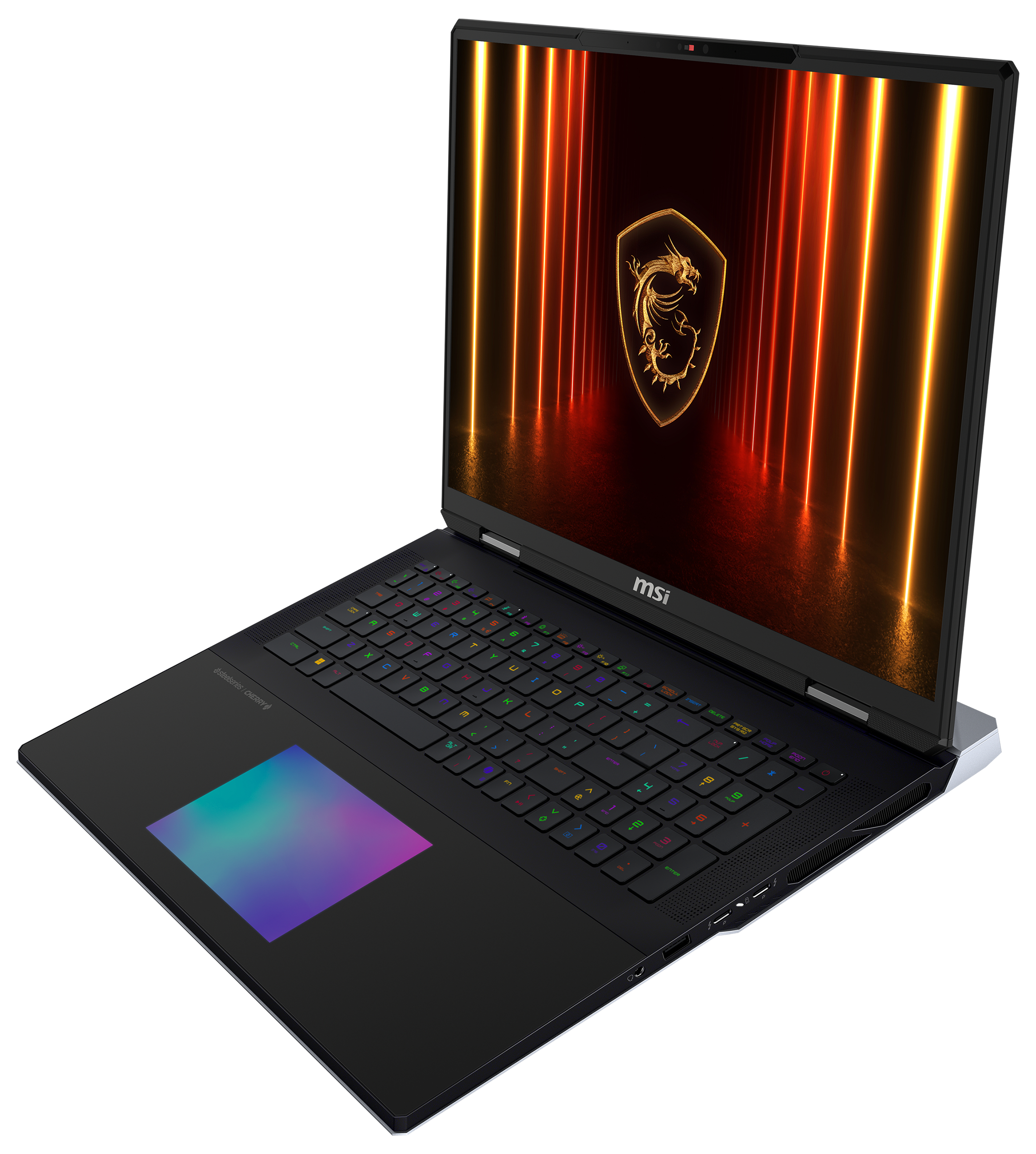 Ein schwarzer Laptop mit farbiger Tastatur und goldenem Drachenlogo auf dem Bildschirm. Der Hintergrund ist rot.