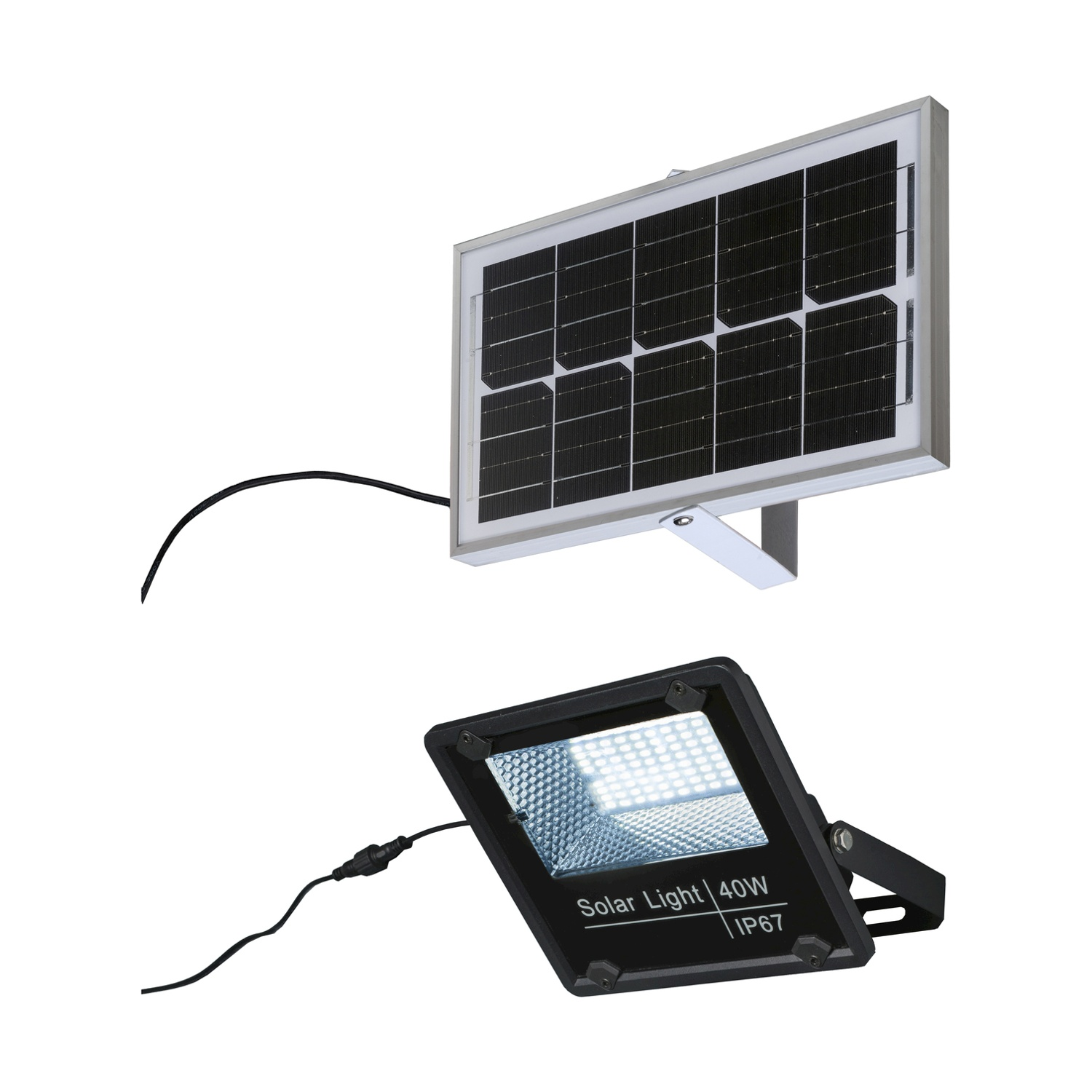 Pannello solare e proiettore solare. Pannello nero con LED bianchi. Sfondo bianco.