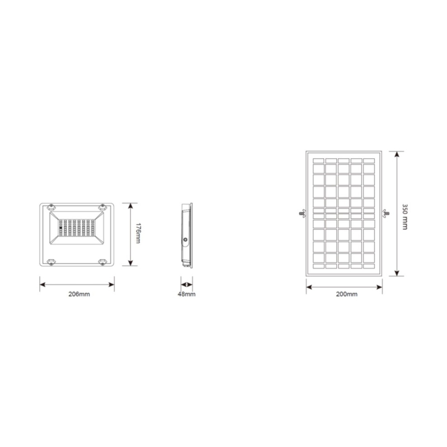 Disegni tecnici di un apparecchio di illuminazione per esterni rettangolare con dimensioni in mm.