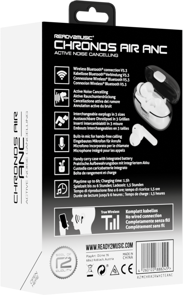 Die Rückseite einer weißen Ohrhörer-Verpackung mit Produktdetails und -merkmalen.