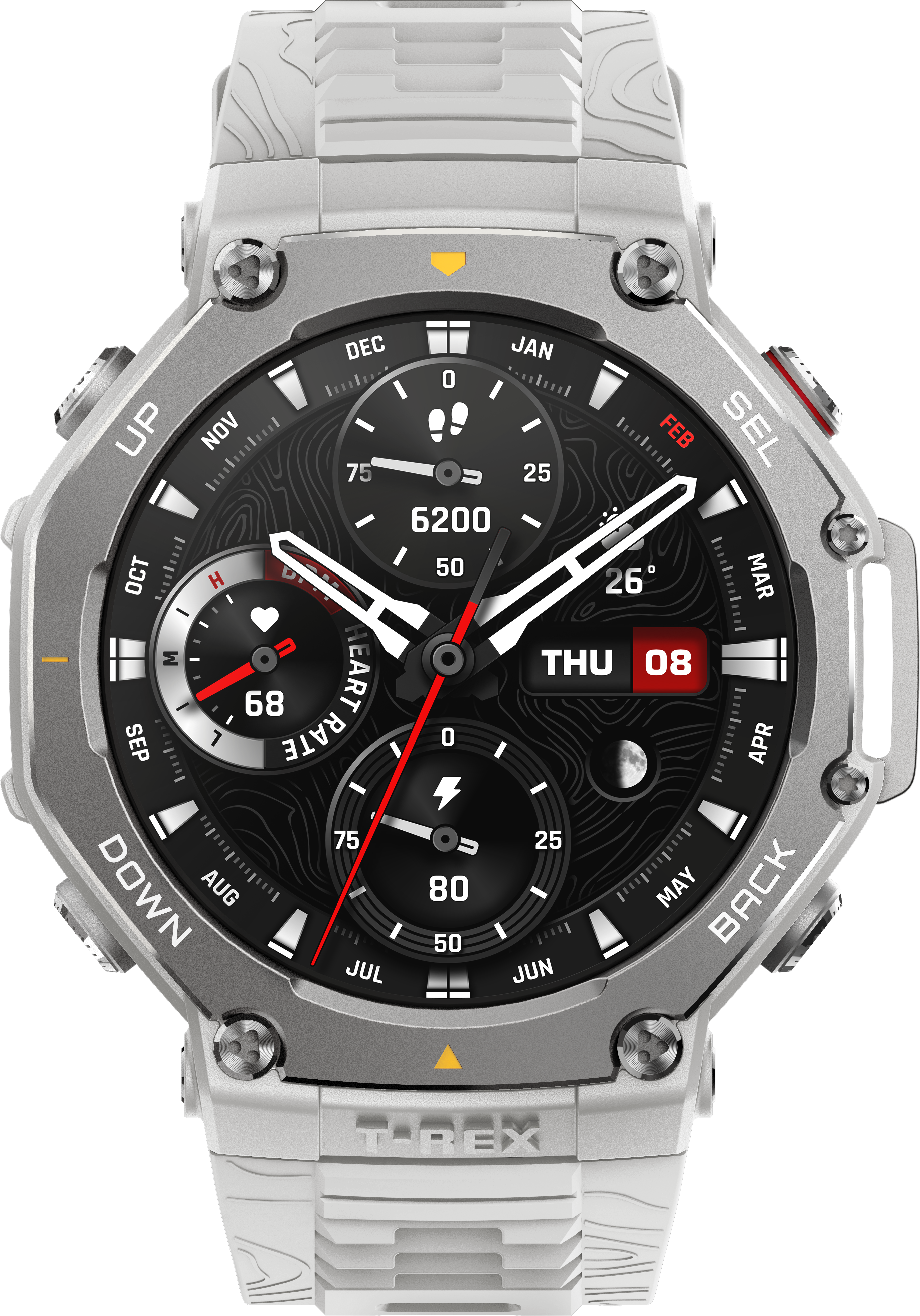 Nahaufnahme einer weißen Smartwatch mit schwarzem Bildschirm, der verschiedene Metriken anzeigt.