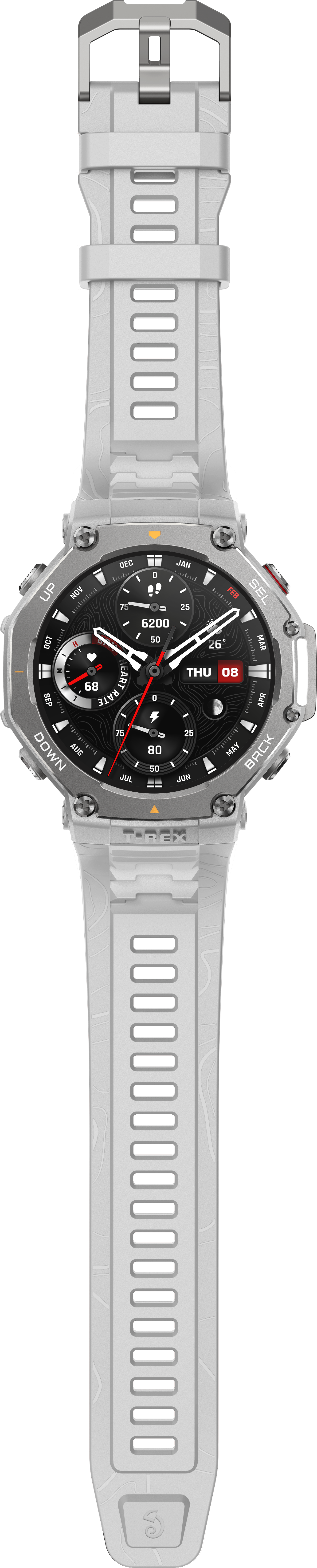 Weiße Smartwatch mit schwarzem Zifferblatt. Die Uhr befindet sich an einem weißen Armband.