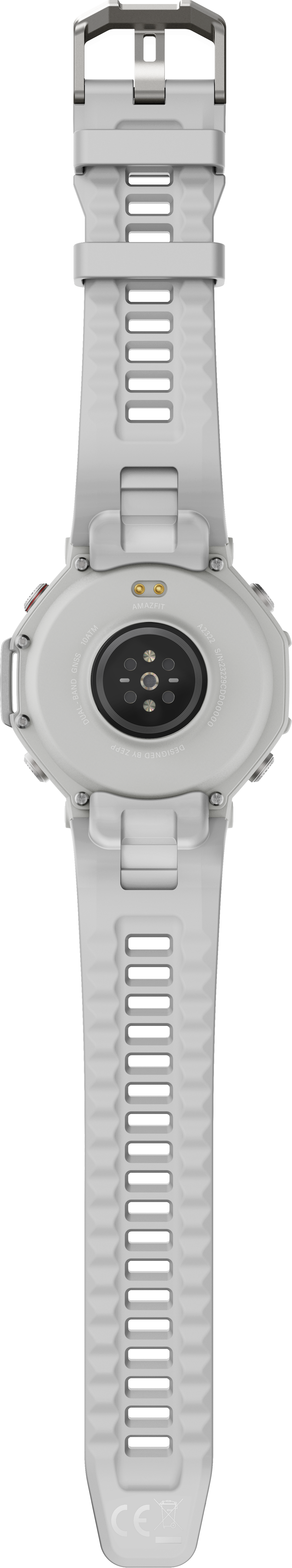 Rückansicht einer weißen Smartwatch mit weißem Armband, die Sensoren und Schnalle zeigt.