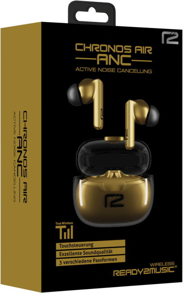 Goldene und schwarze Ohrhörer mit Ladecase. Das Case hat eine goldene Abdeckung und ein schwarzes Inneres.