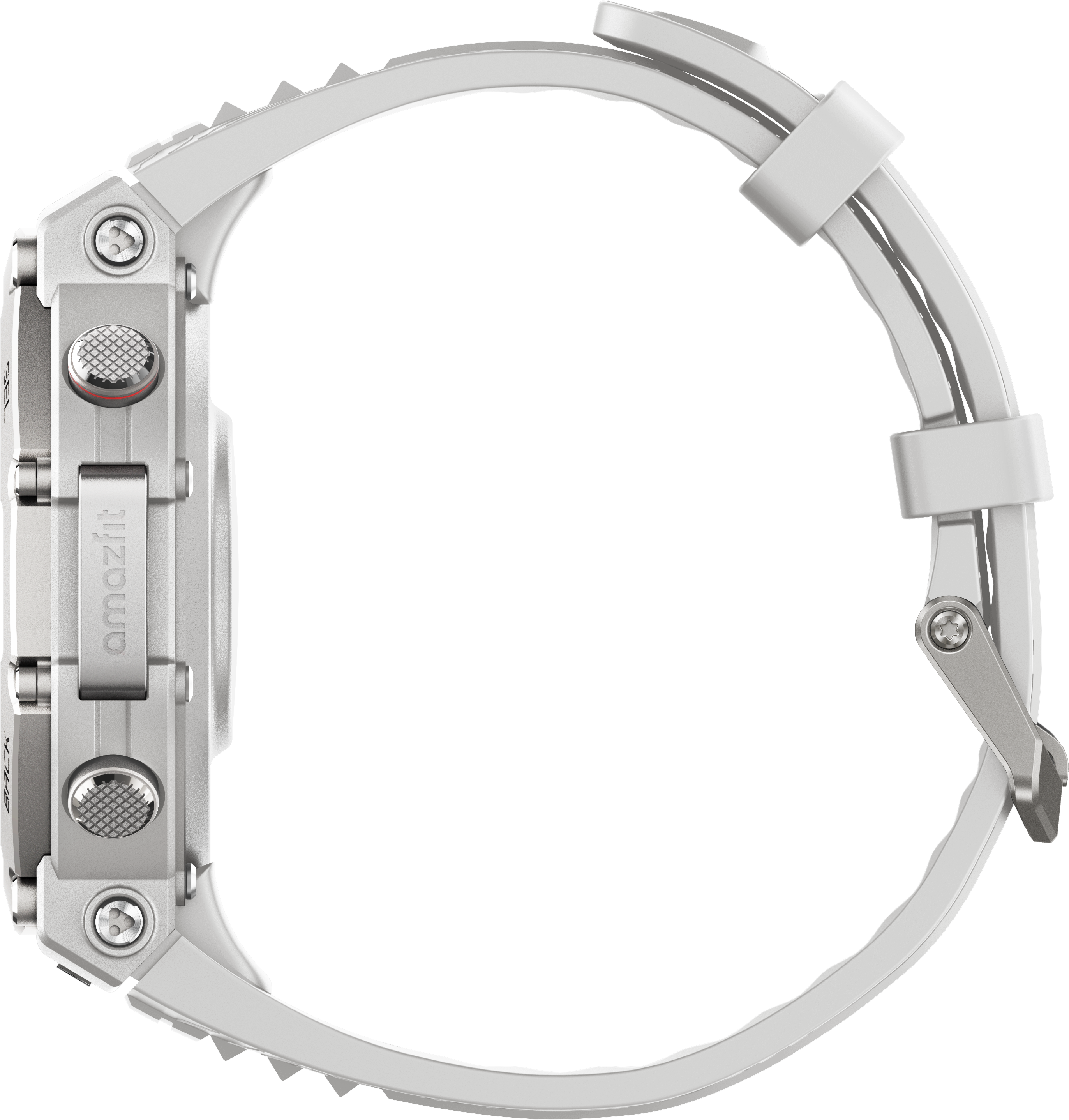 Eine weiße Smartwatch mit weißem Armband. Seitenansicht, auf schwarzem Hintergrund.