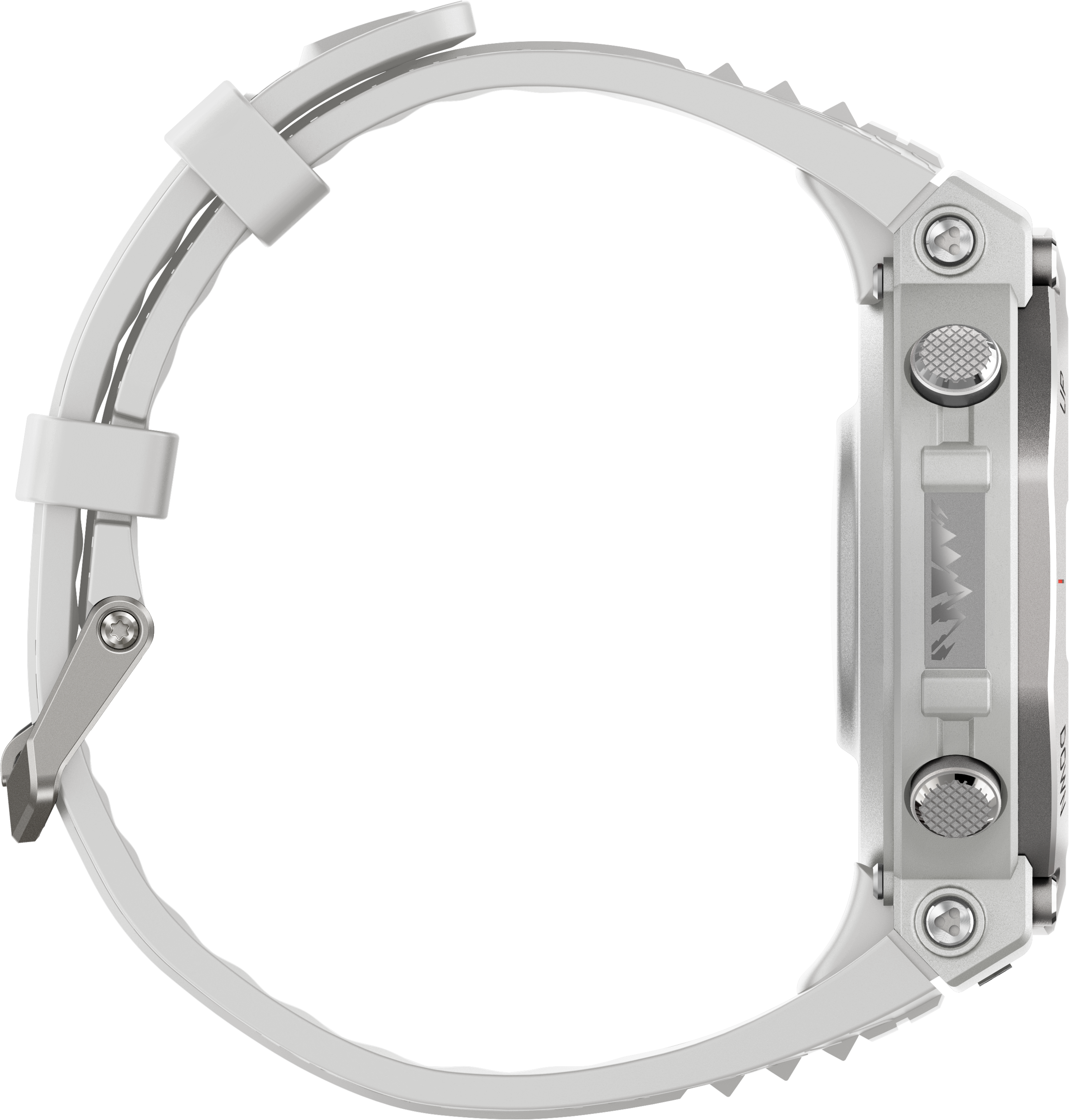 Weiße Smartwatch, Seitenansicht, zeigt Knöpfe und Armband.