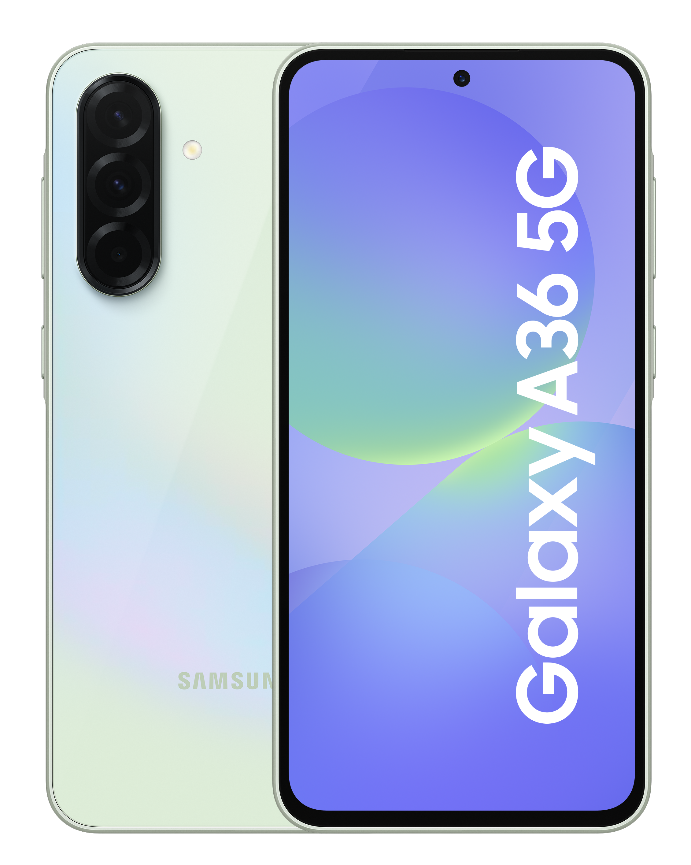 Telefon Samsung Galaxy A36 5G. Telefon jest jasnozielony z tyłu, z potrójnym aparatem.