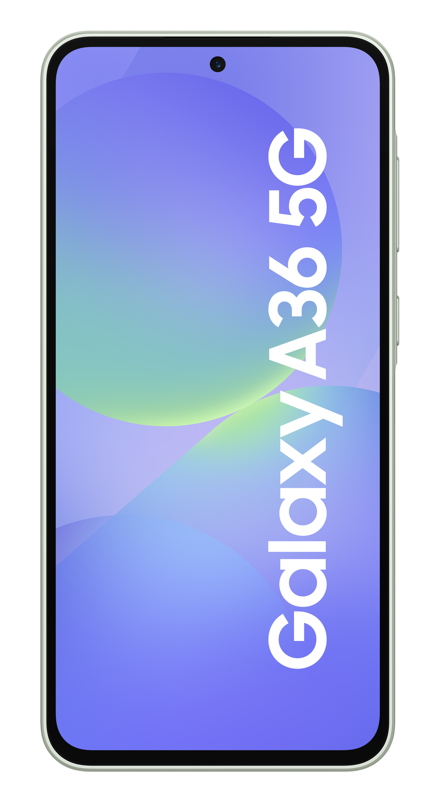 Smartfon Galaxy A36 5G z jasnozieloną ramką i ekranem z niebiesko-zielonym gradientem.