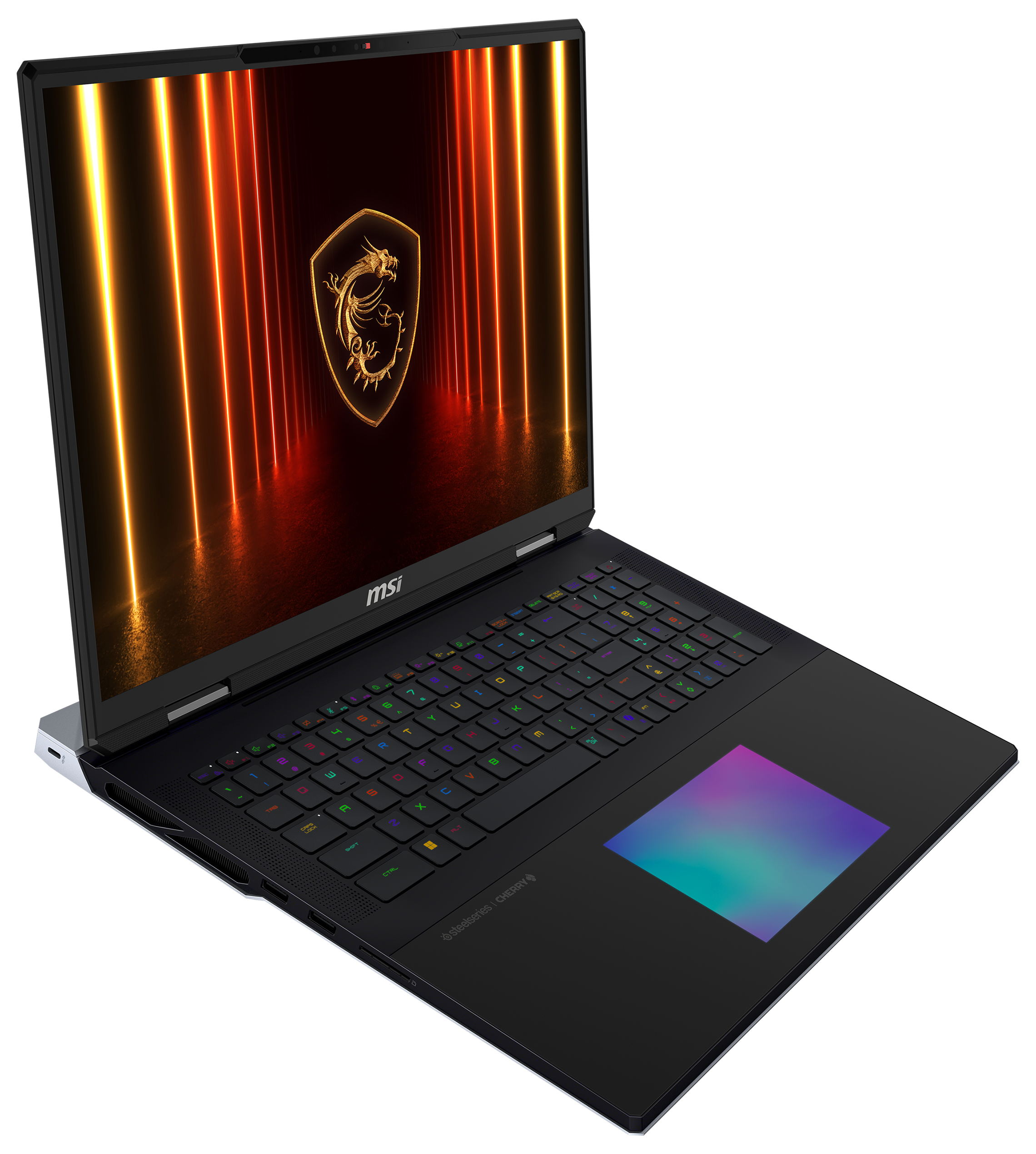 Ein geöffnetes Laptop mit farbenfrohem Display. Das Display zeigt ein Logo. Der Laptop hat ein schwarzes Gehäuse.
