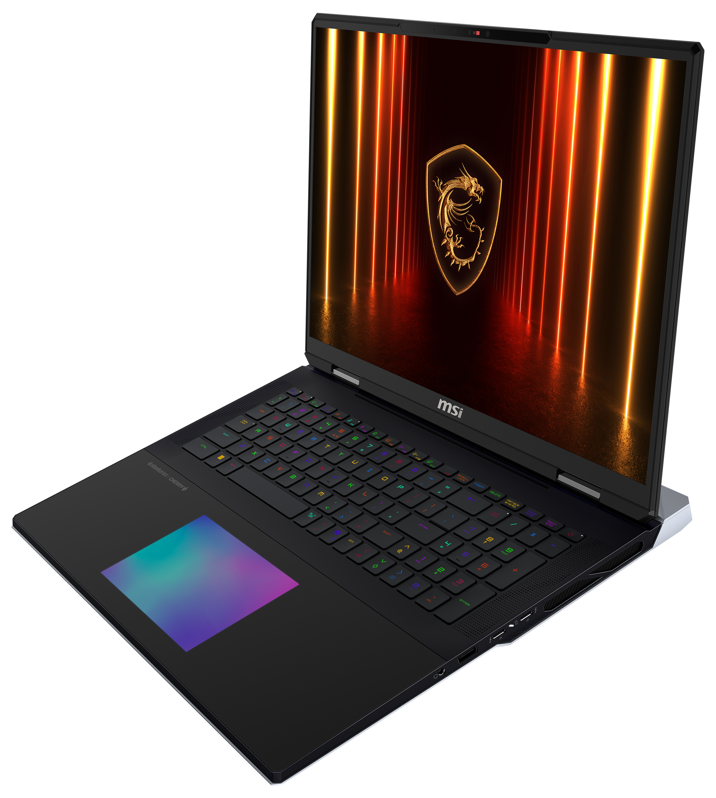Ein schwarzer Gaming-Laptop mit einem Drachenlogo auf dem Bildschirm, auf schwarzem Untergrund.
