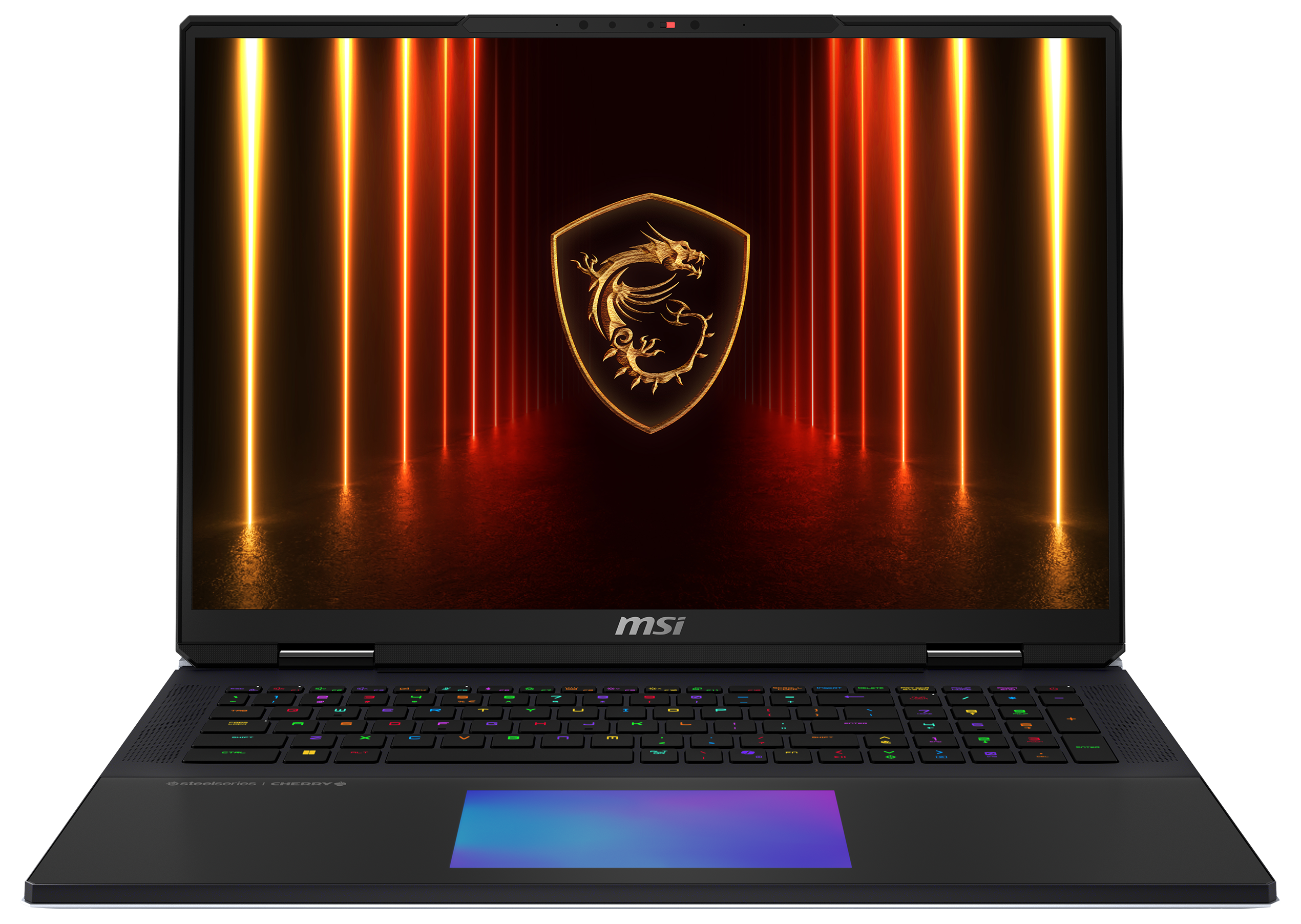 Schwarzer Laptop mit geöffnetem Display, das ein Drachenlogo auf rotem und gelbem Licht zeigt.