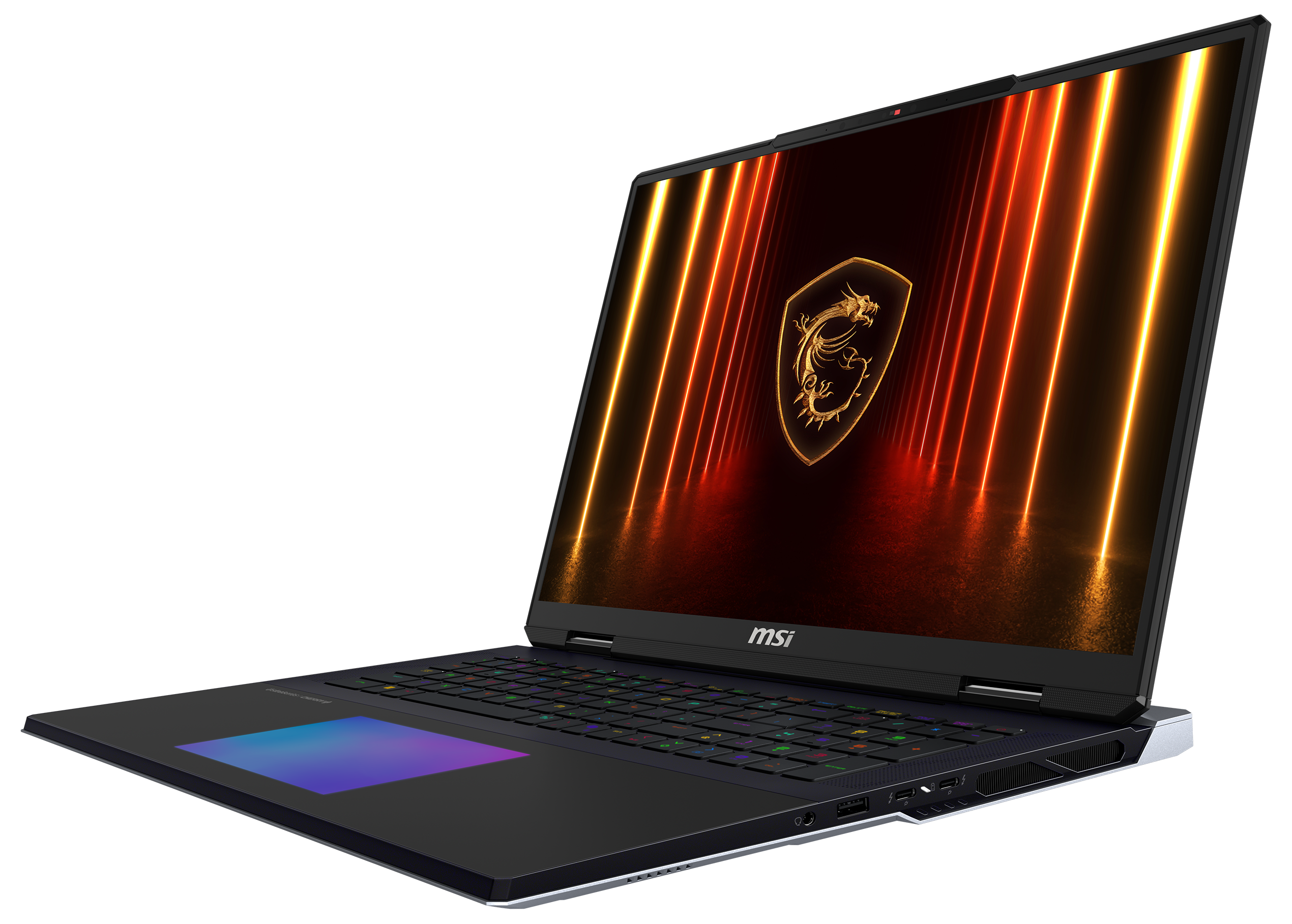 Schwarzer Laptop mit geöffnetem Bildschirm, MSI-Logo sichtbar. Tastatur hat farbige Tasten, Bildschirm zeigt orangefarbene Lichter.