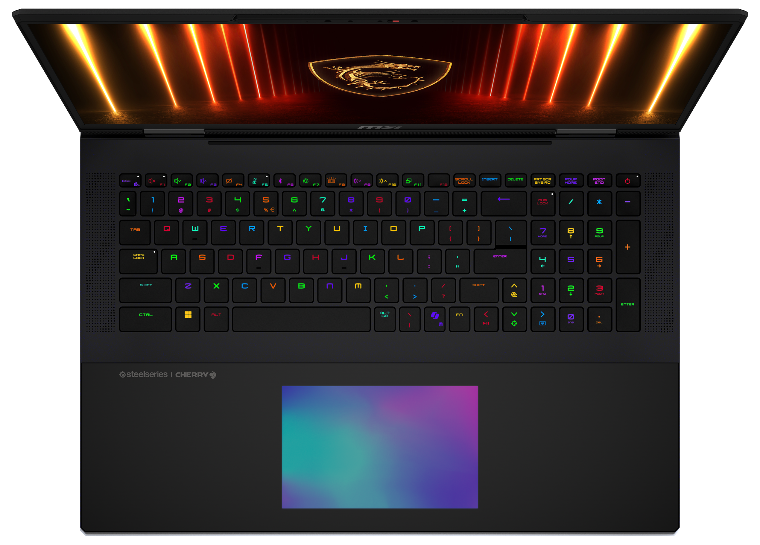 Laptop, Tastatur mit farbigen Tasten, Trackpad mit farbenfrohem Farbverlauf. MSI-Logo sichtbar.