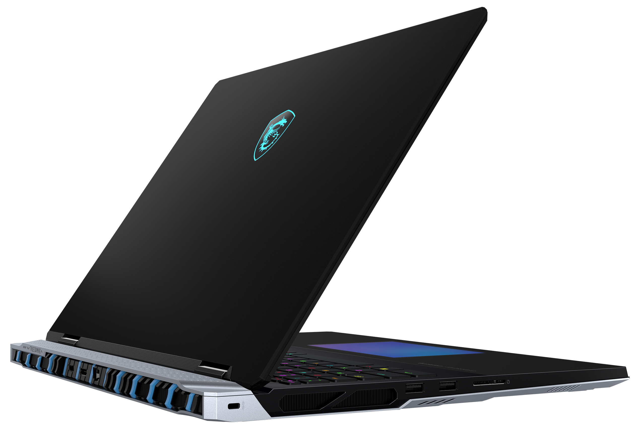 MSI-Laptop, offen, mit Logo oben, mit Hintergrundbeleuchtung der Tastatur.