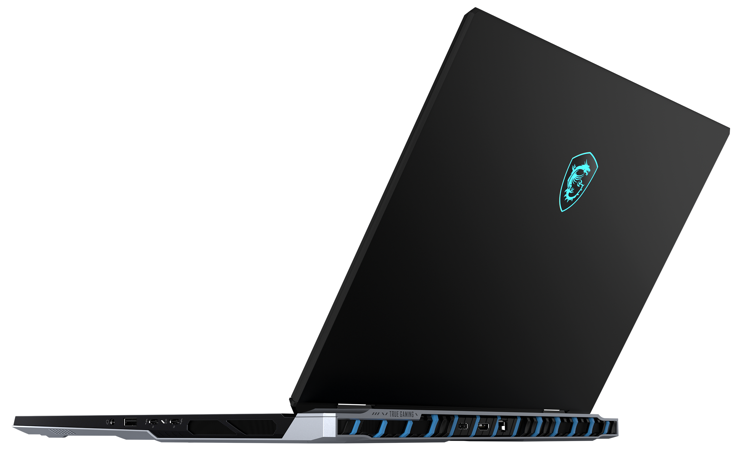 Schwarzer Laptop leicht geöffnet, zeigt das Logo auf der Rückseite und die Kante mit Anschlüssen.